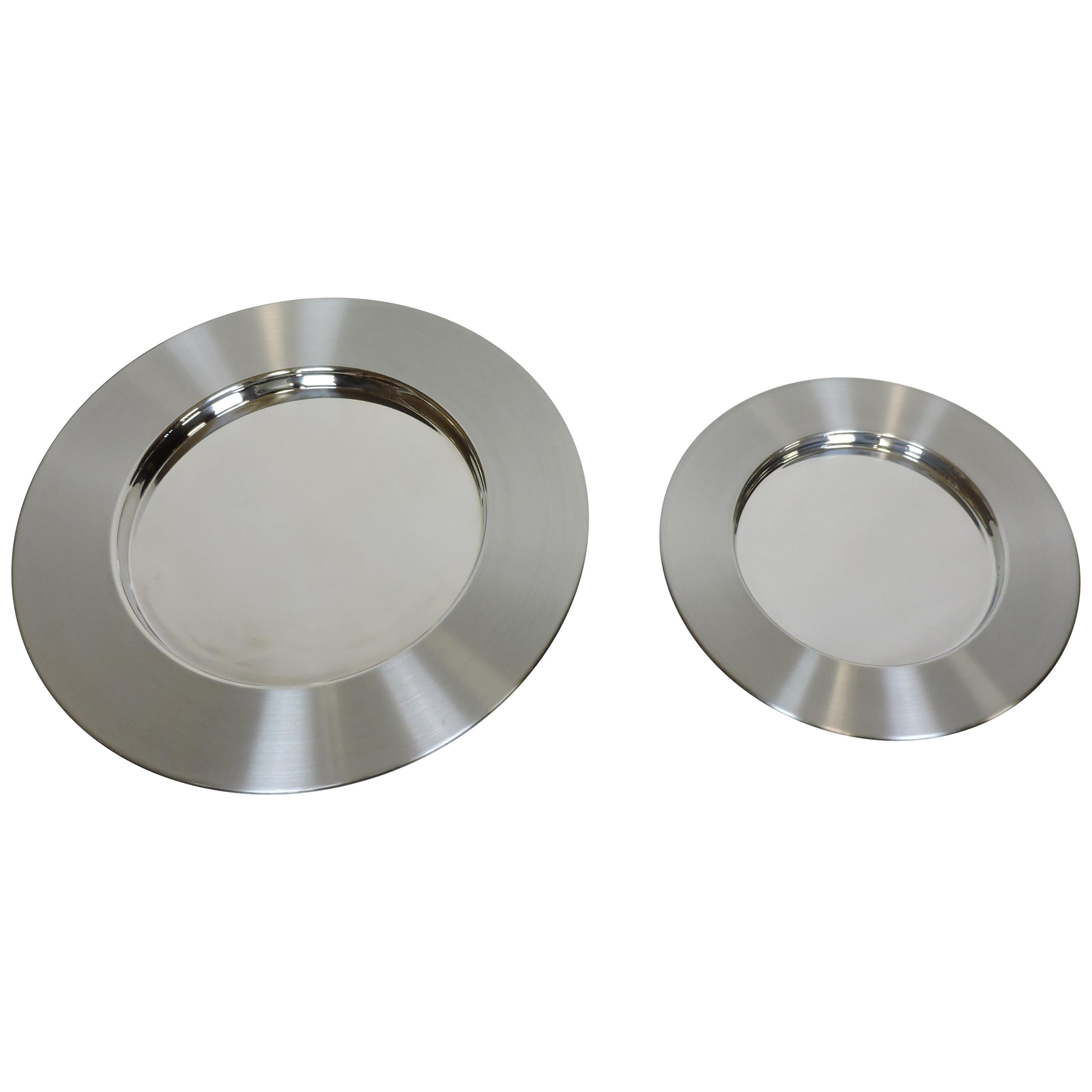 Two Timo Sarpaneva Scandinavian Modern Large Stainless Steel Chargers Platters For Sale