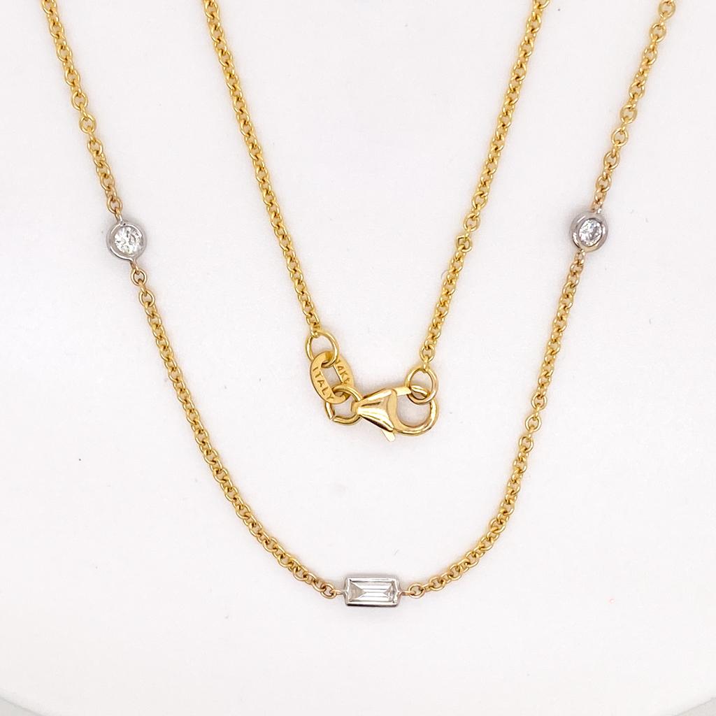 Two-Tone 1/2 Carat Baguettes & Rounds Diamond 14K Gold Bezel Station Necklace In New Condition For Sale In Austin, TX