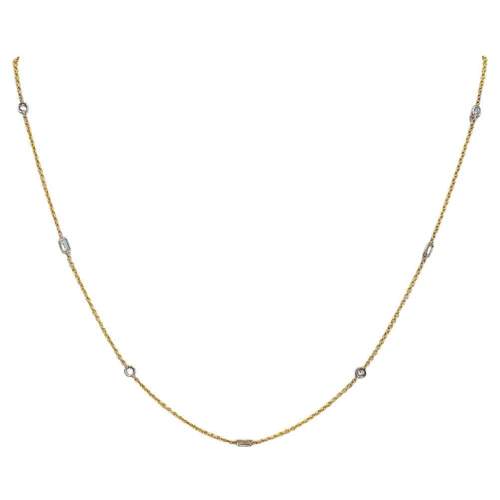 Two-Tone 1/2 Carat Baguettes & Rounds Diamond 14K Gold Bezel Station Necklace For Sale