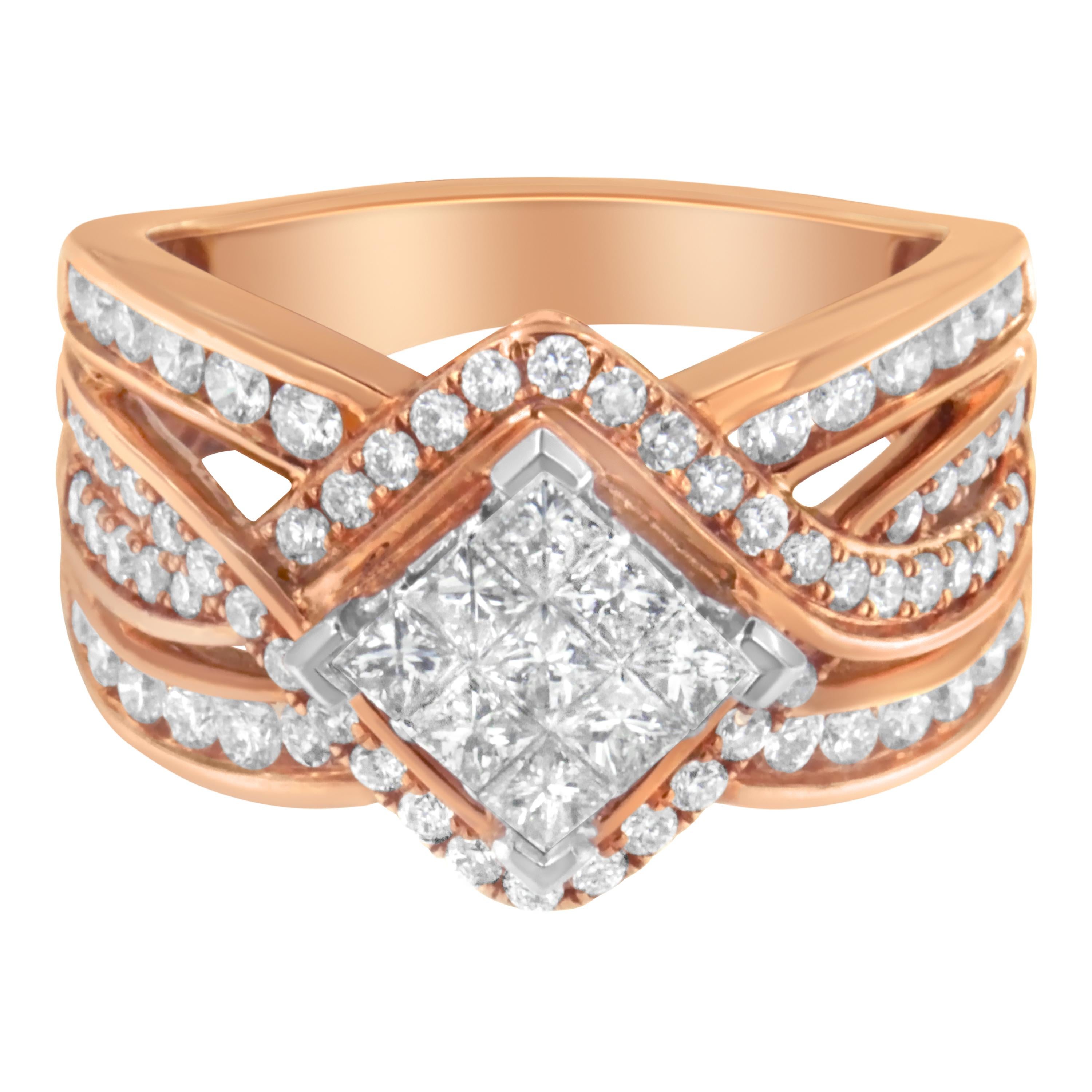 Enjoy this diamond bypass cocktail ring that glistens with a central square cluster of princess cut diamonds. A bypass halo of round diamonds and rows of diamonds along the band add extra sparkle to this unique design. Crafted in two-tone 10 karat