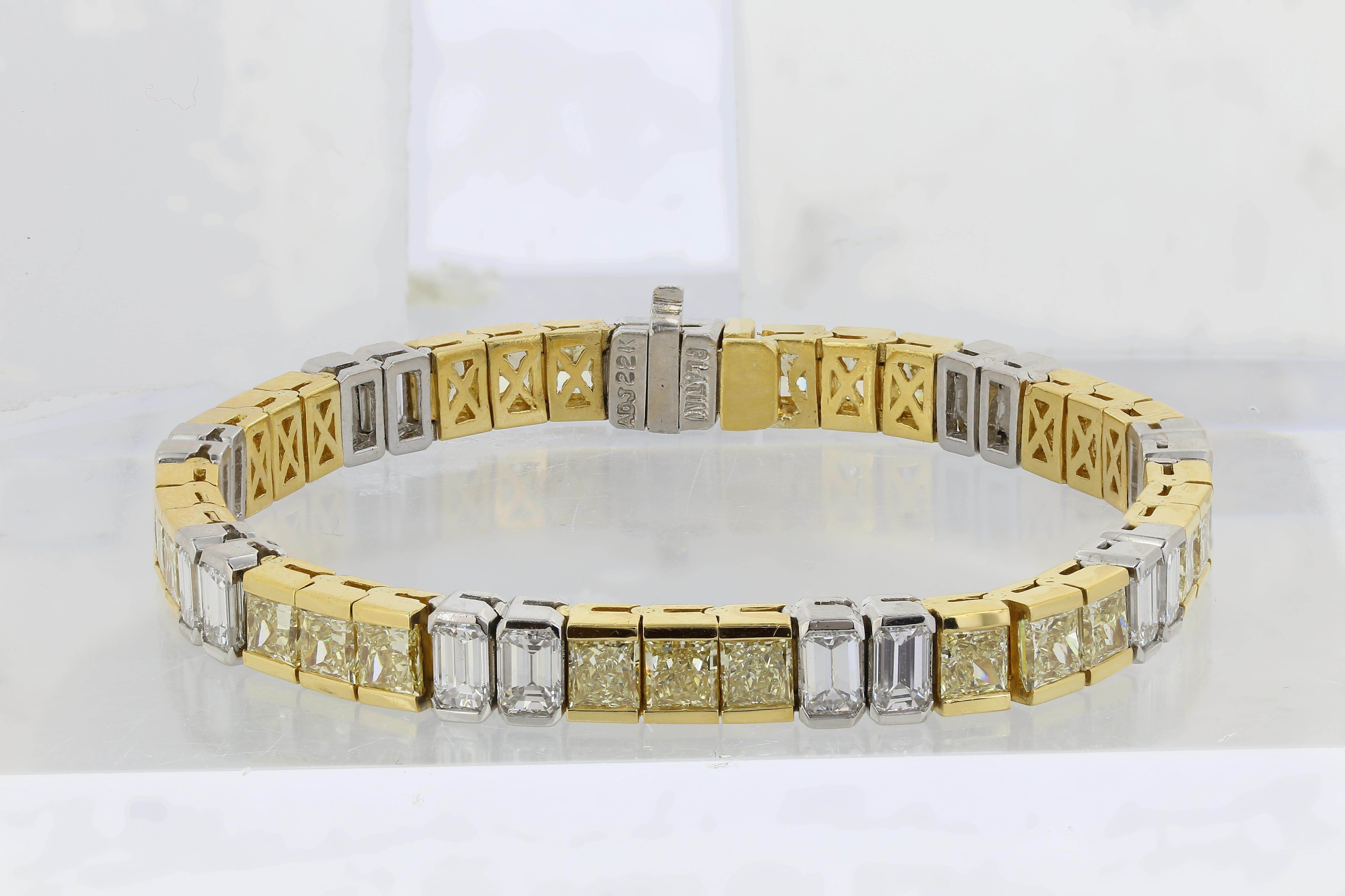 Stunning 18 karat yellow gold and platinum custom made Canary diamond block bracelet, consisting of approximately 13.00 carats of fancy intense yellow radiant cut diamonds with a clarity of VS1-VS2,  set with 18 emerald cut diamonds having a total