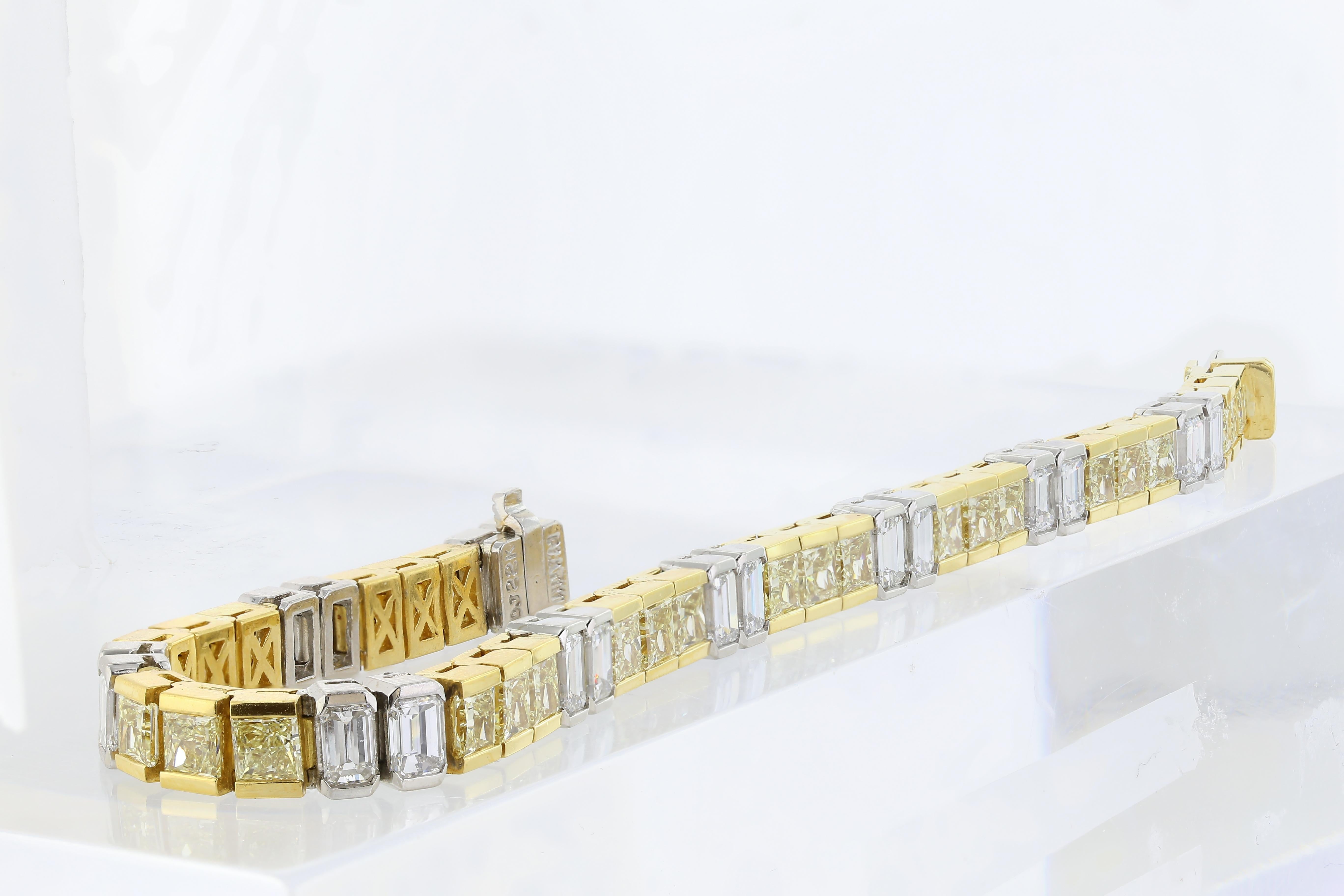 Modern Two-Tone 13.00 Carat Fancy Intense Yellow Radiant Cut Diamond Bracelet For Sale