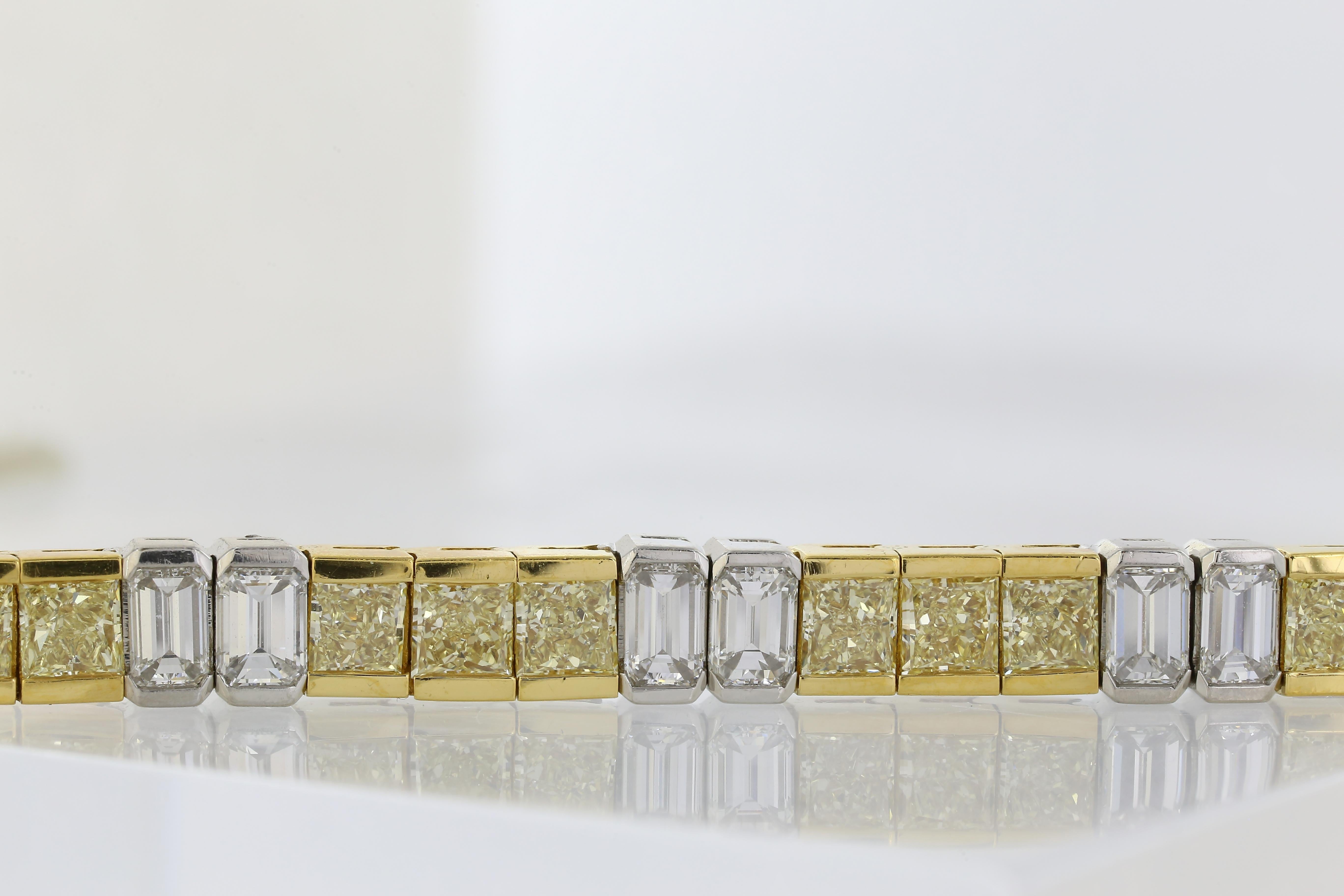 Two-Tone 13.00 Carat Fancy Intense Yellow Radiant Cut Diamond Bracelet In Excellent Condition For Sale In Chestnut Hill, MA