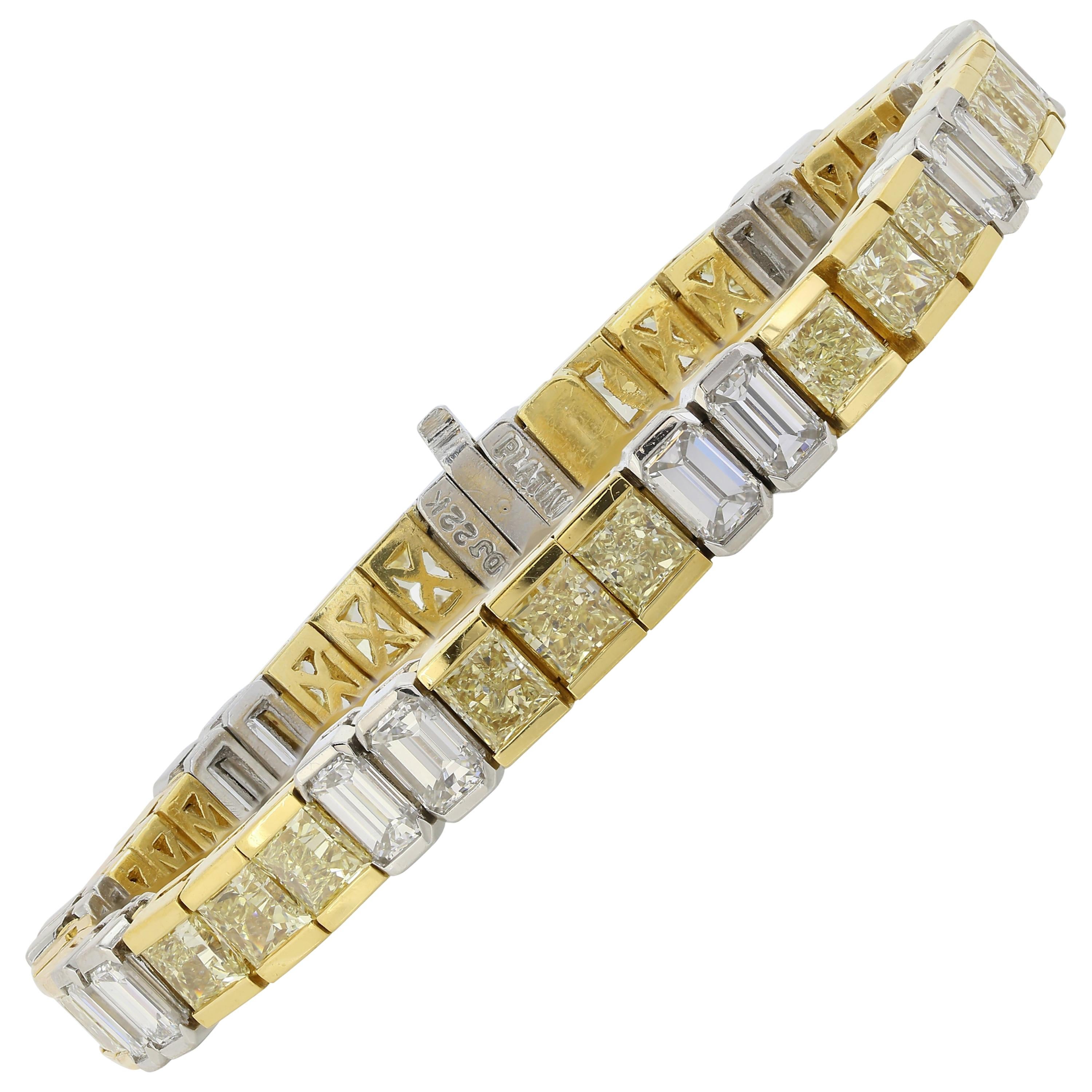 Two-Tone 13.00 Carat Fancy Intense Yellow Radiant Cut Diamond Bracelet For Sale