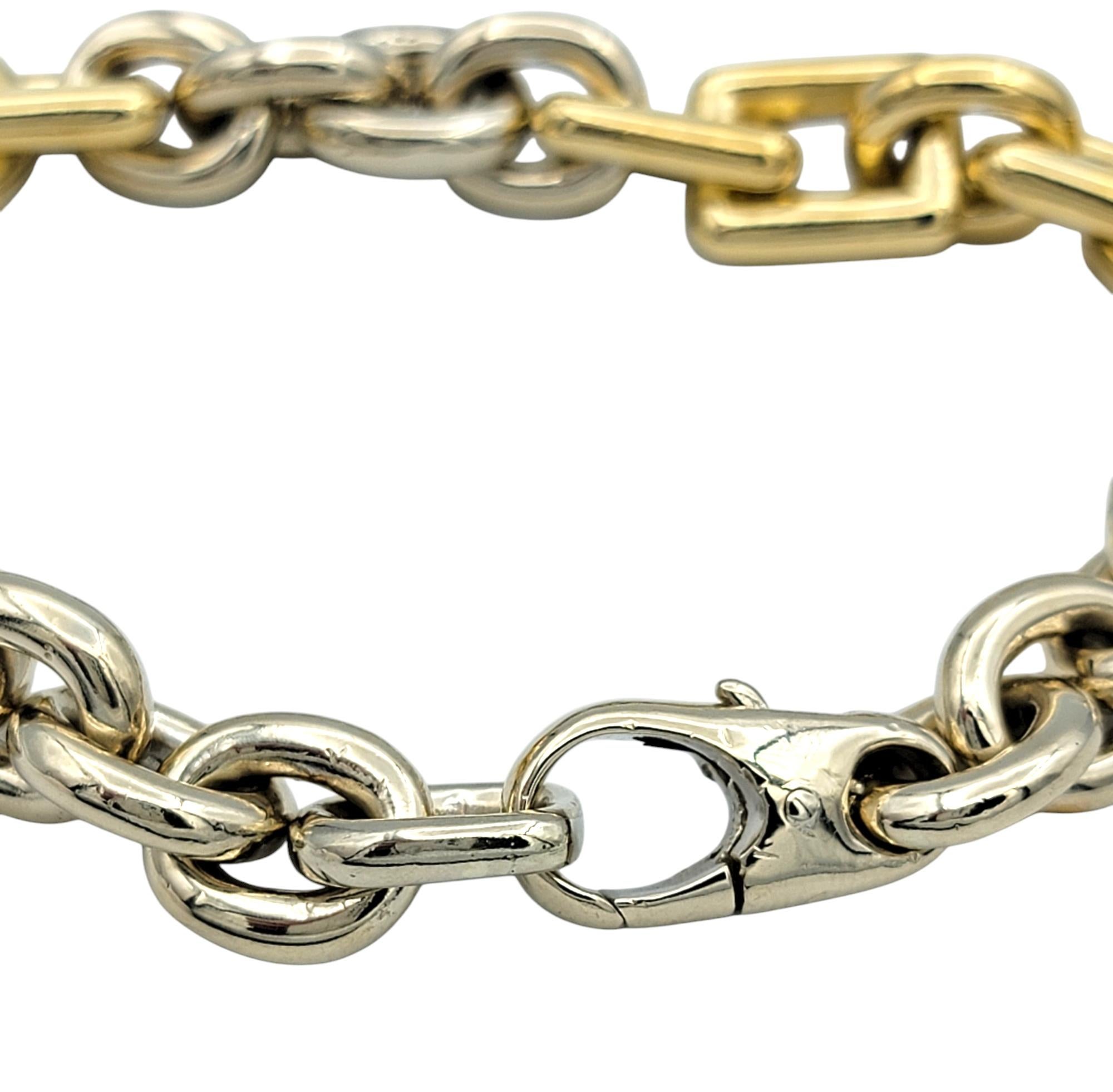 Women's or Men's Two-Tone 14 Karat Gold Alternating Circle and Square Chunky Chain Link Bracelet For Sale