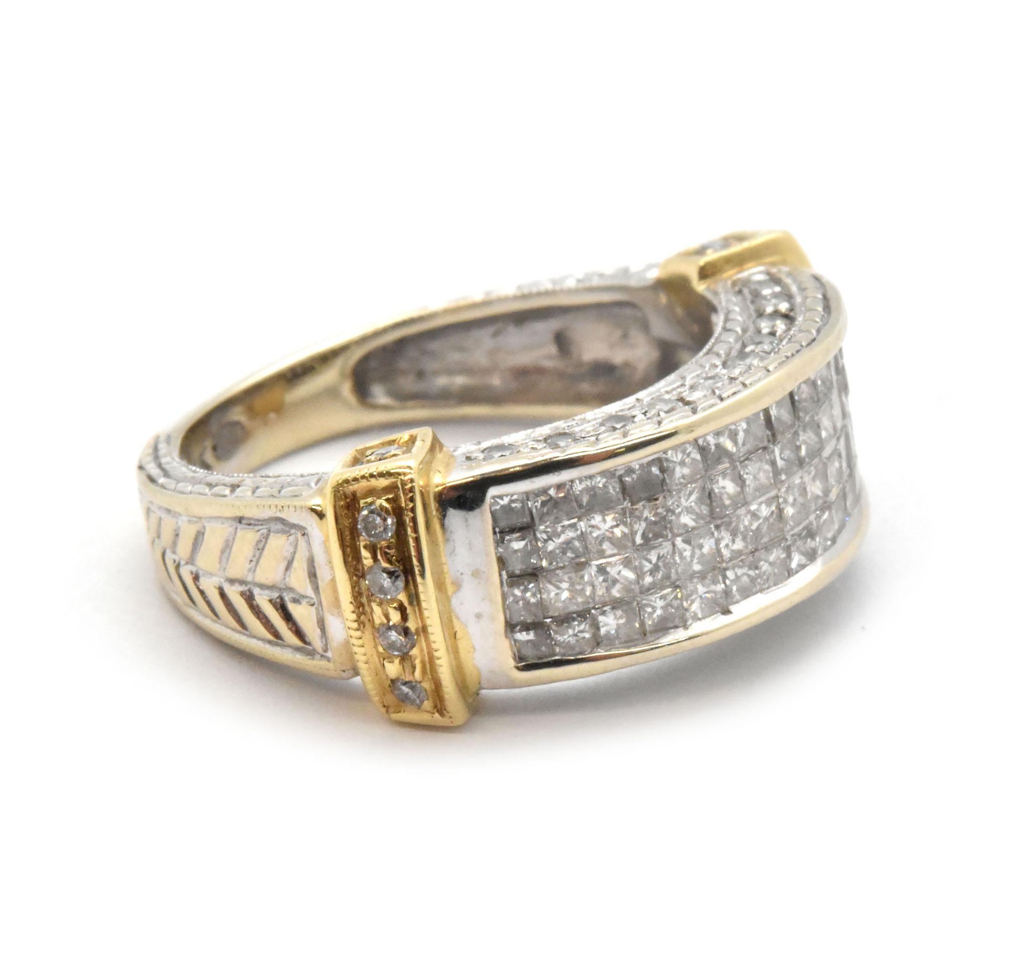 This ring is made in 14k white gold with 14k yellow gold accents. It features 4 rows of invisible-set princess-cut diamonds for a total weight of 1.28 carats. The diamonds are graded H in color and VS-SI in clarity. The ring measures 7mm wide, and