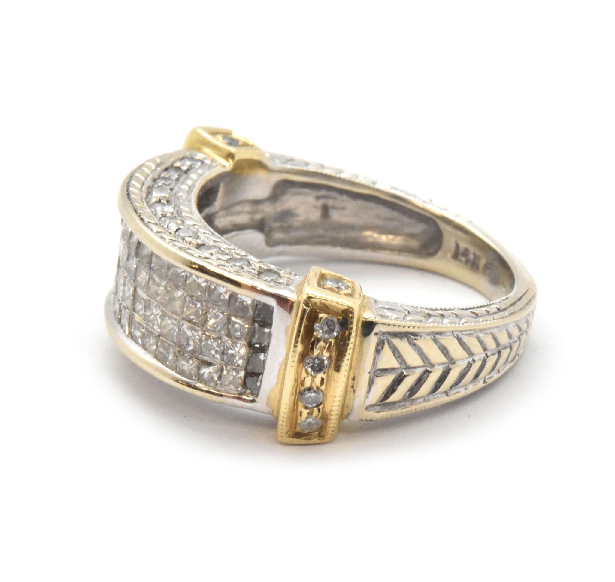 Two-Tone 14 Karat Gold and Invisible Set of Diamond Band Ring 1.28 Carat (Carréschliff)