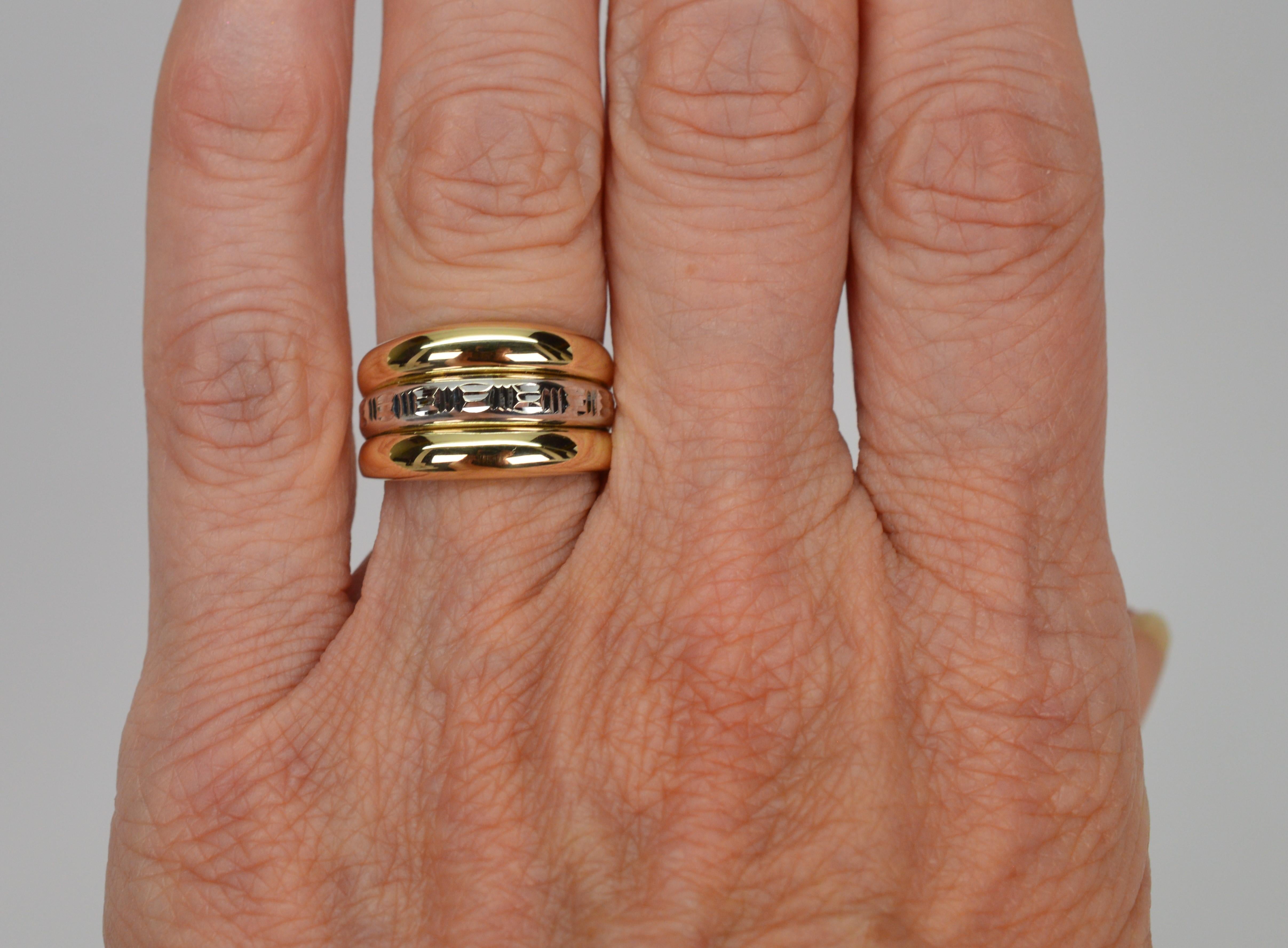 Two Tone 14 Karat Gold Band Ring W Greek Key Detail For Sale 1