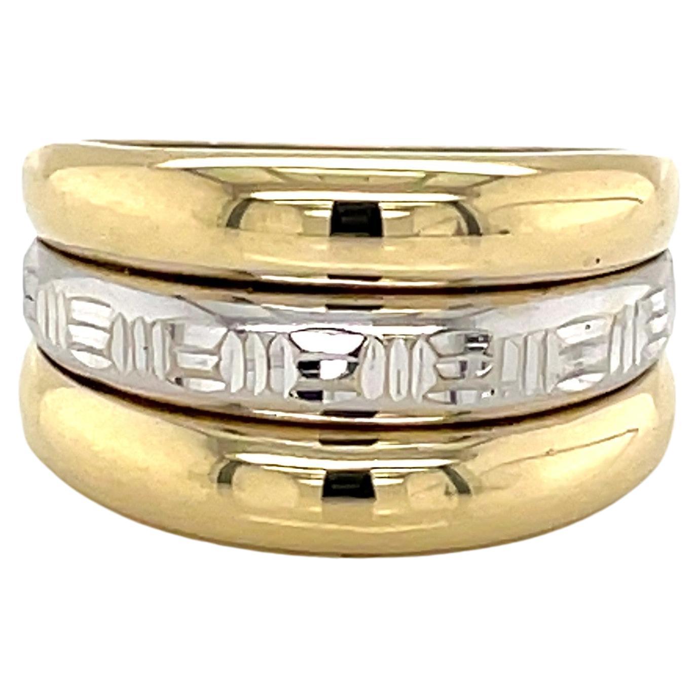 Two Tone 14 Karat Gold Band Ring W Greek Key Detail For Sale