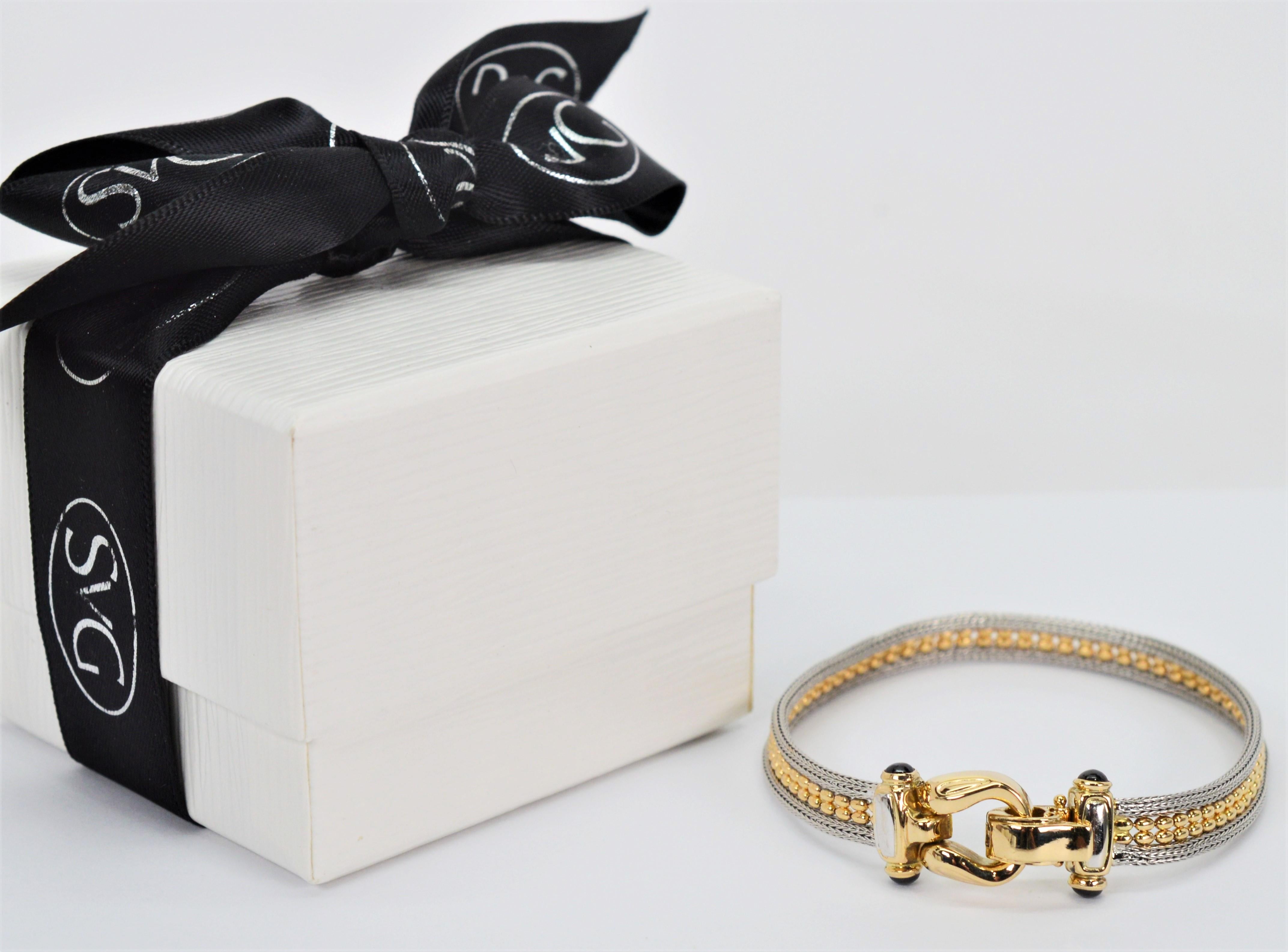 Two Tone 14 Karat Gold Buckle Bracelet with Onyx Cabochon Accents For Sale 1