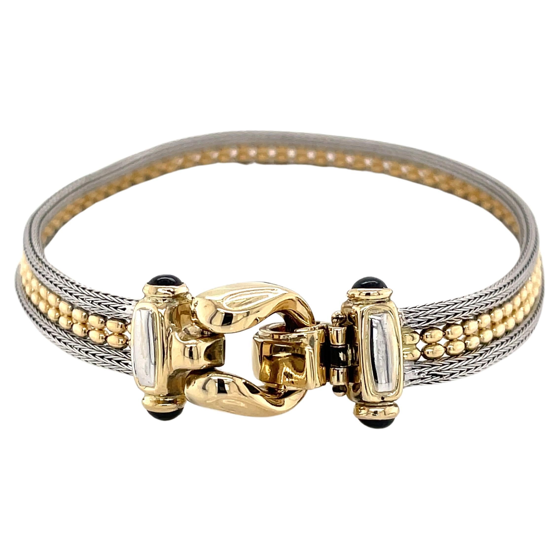 Two Tone 14 Karat Gold Buckle Bracelet with Onyx Cabochon Accents For Sale