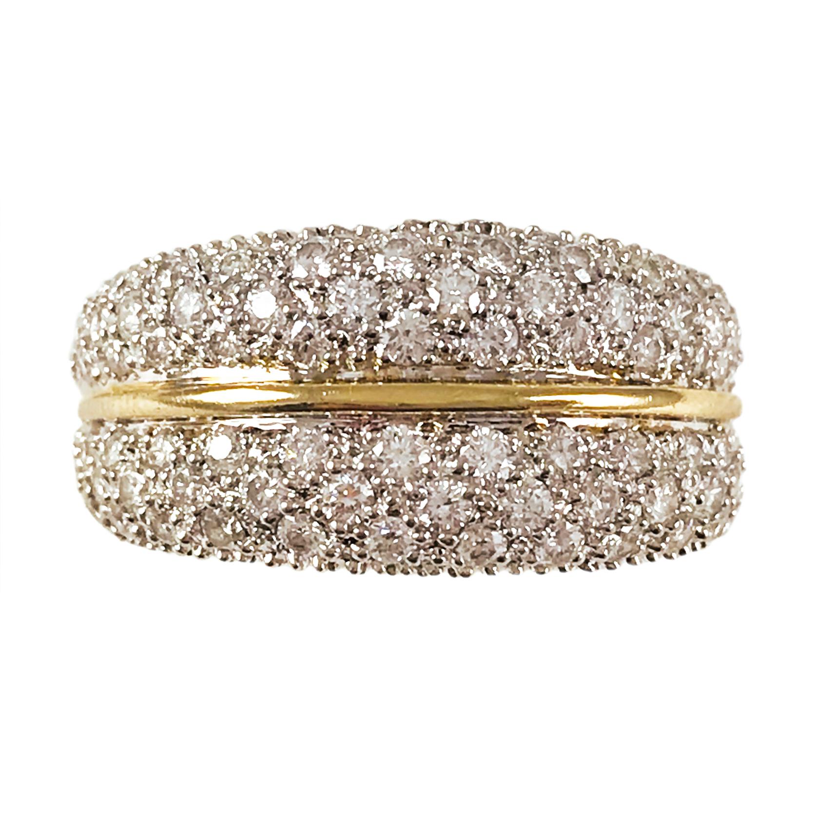 Two-tone 14 Karat Gold Diamond Pavé Ring. Elegant and sophisticated with double pave bands and a thin strip of yellow gold to visually enhance the design. The diamonds twinkle in the light and have a total carat weight of 1.00ctw. Ring size is 7 1/4.