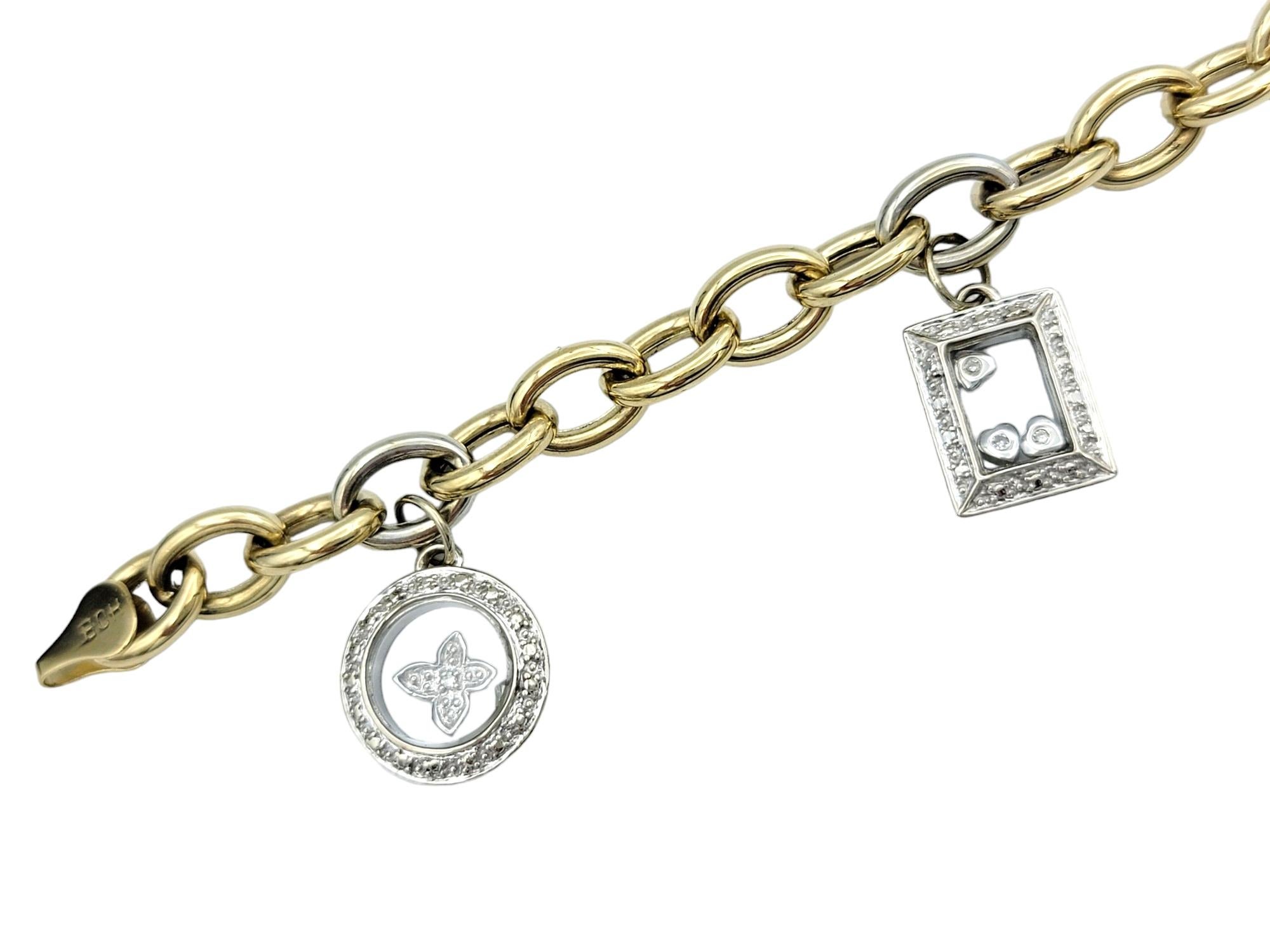 Round Cut Two-Tone 14 Karat Gold Oval Link Multi-Charm Bracelet with Floating Diamonds