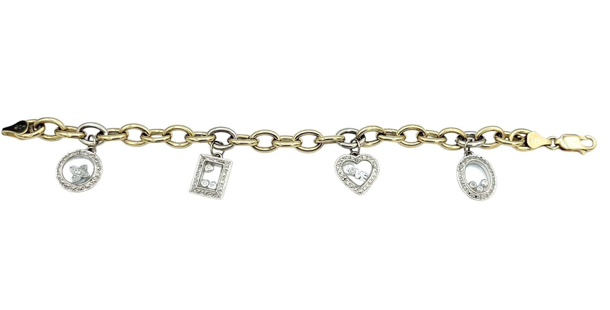Two-Tone 14 Karat Gold Oval Link Multi-Charm Bracelet with Floating Diamonds In Good Condition In Scottsdale, AZ