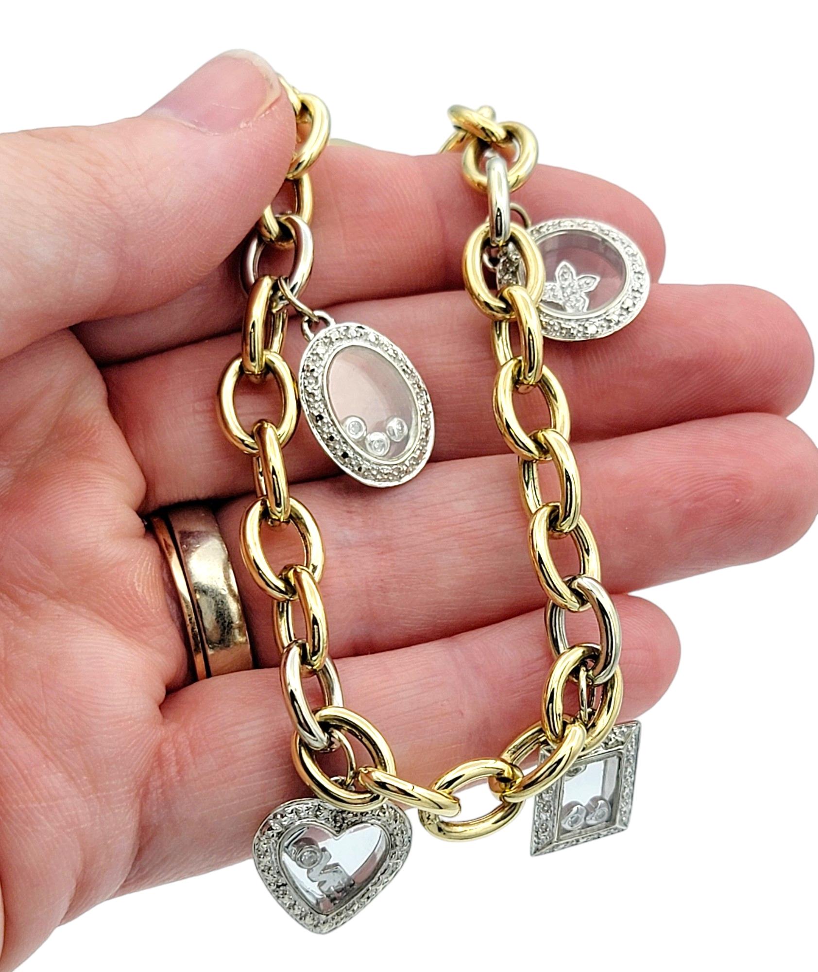 Two-Tone 14 Karat Gold Oval Link Multi-Charm Bracelet with Floating Diamonds 1