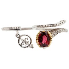 Two-Tone 14 Karat Gold Rubellite and Diamond Fleur de Lis Two-Finger Double Ring