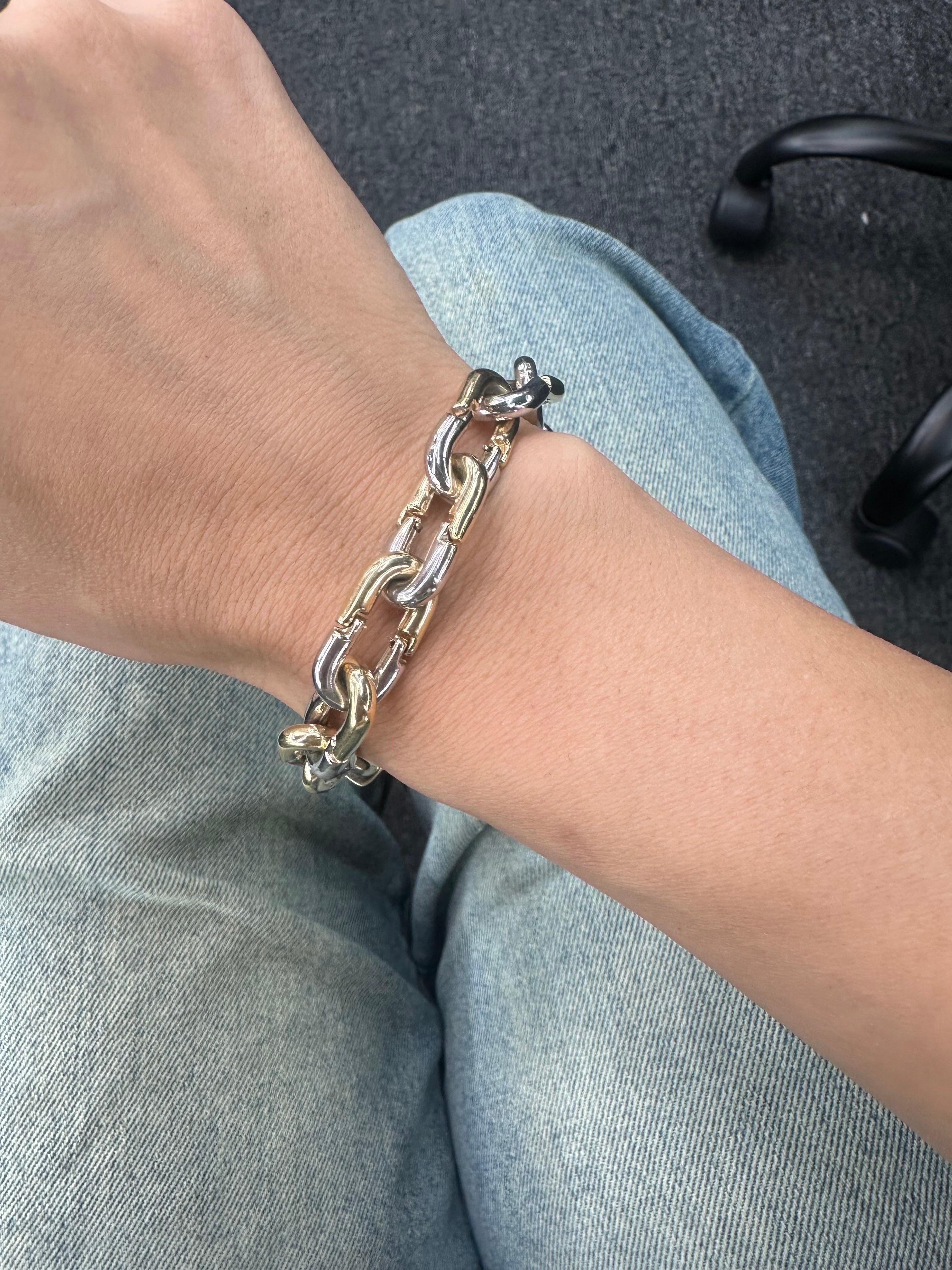 Women's Two-Tone 14 Karat Yellow & White Gold Link Bracelet 27.4 Grams Made in Italy