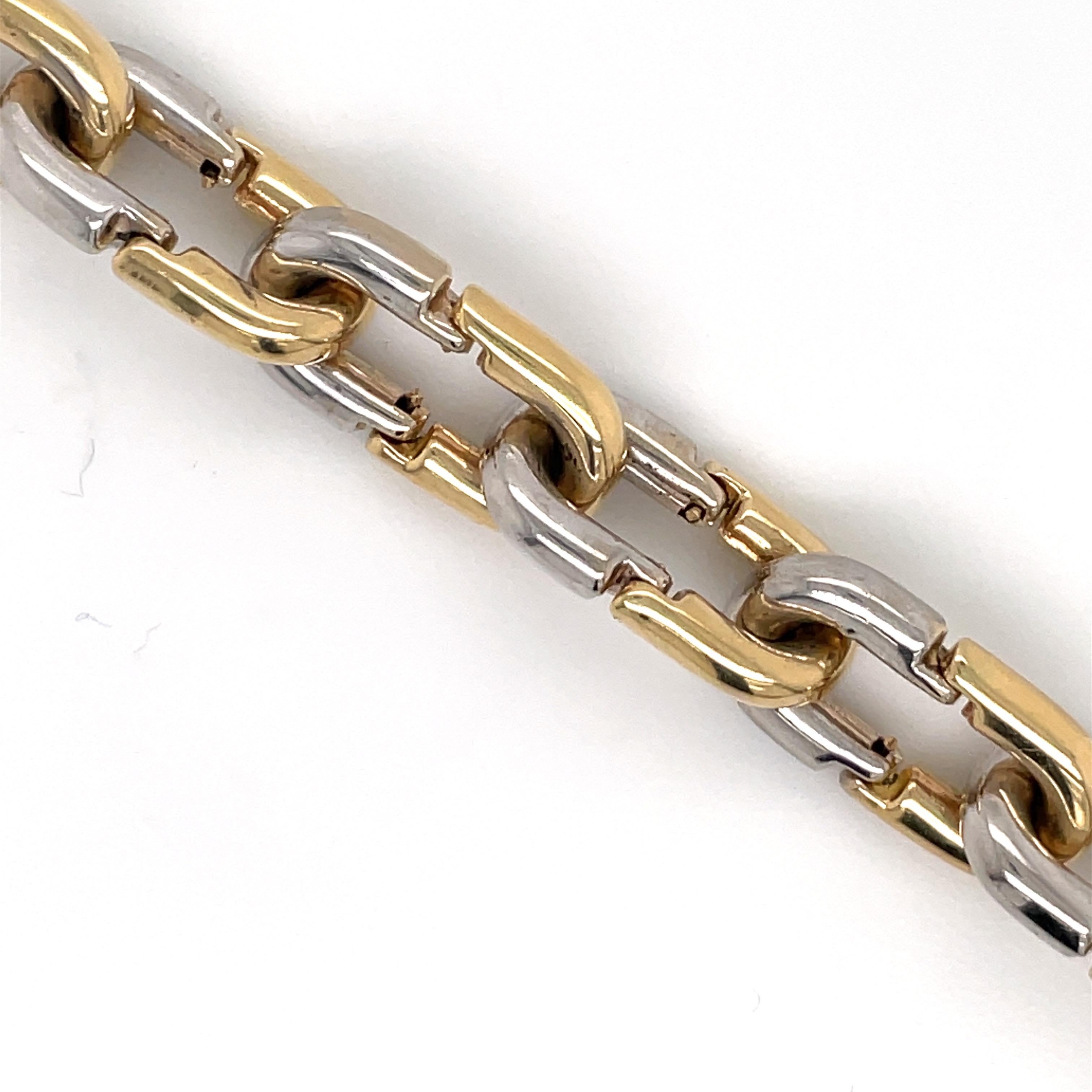 Two-Tone 14 Karat Yellow & White Gold Link Bracelet 27.4 Grams Made in Italy In Excellent Condition For Sale In New York, NY