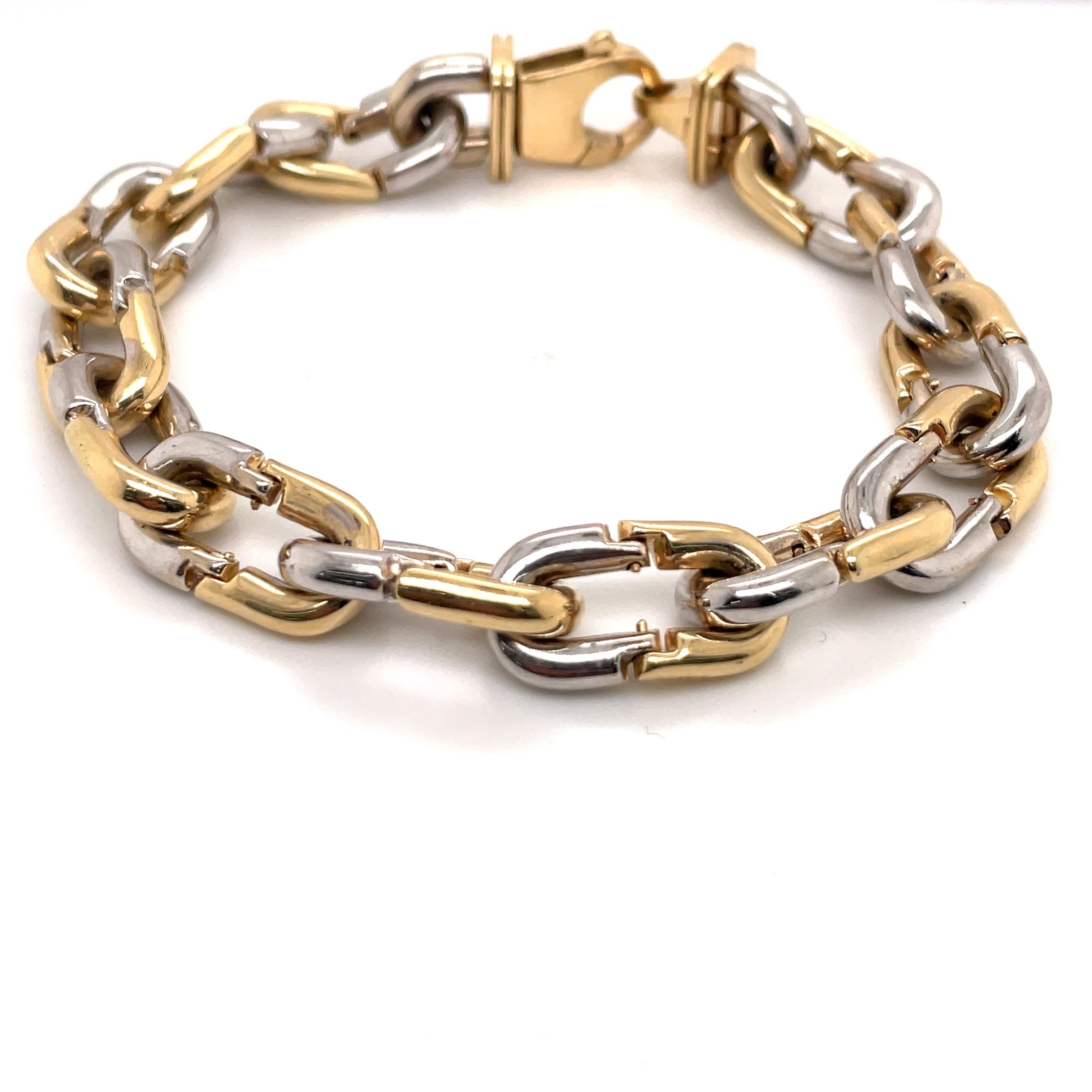 Women's Two-Tone 14 Karat Yellow & White Gold Link Bracelet 27.4 Grams Made in Italy For Sale
