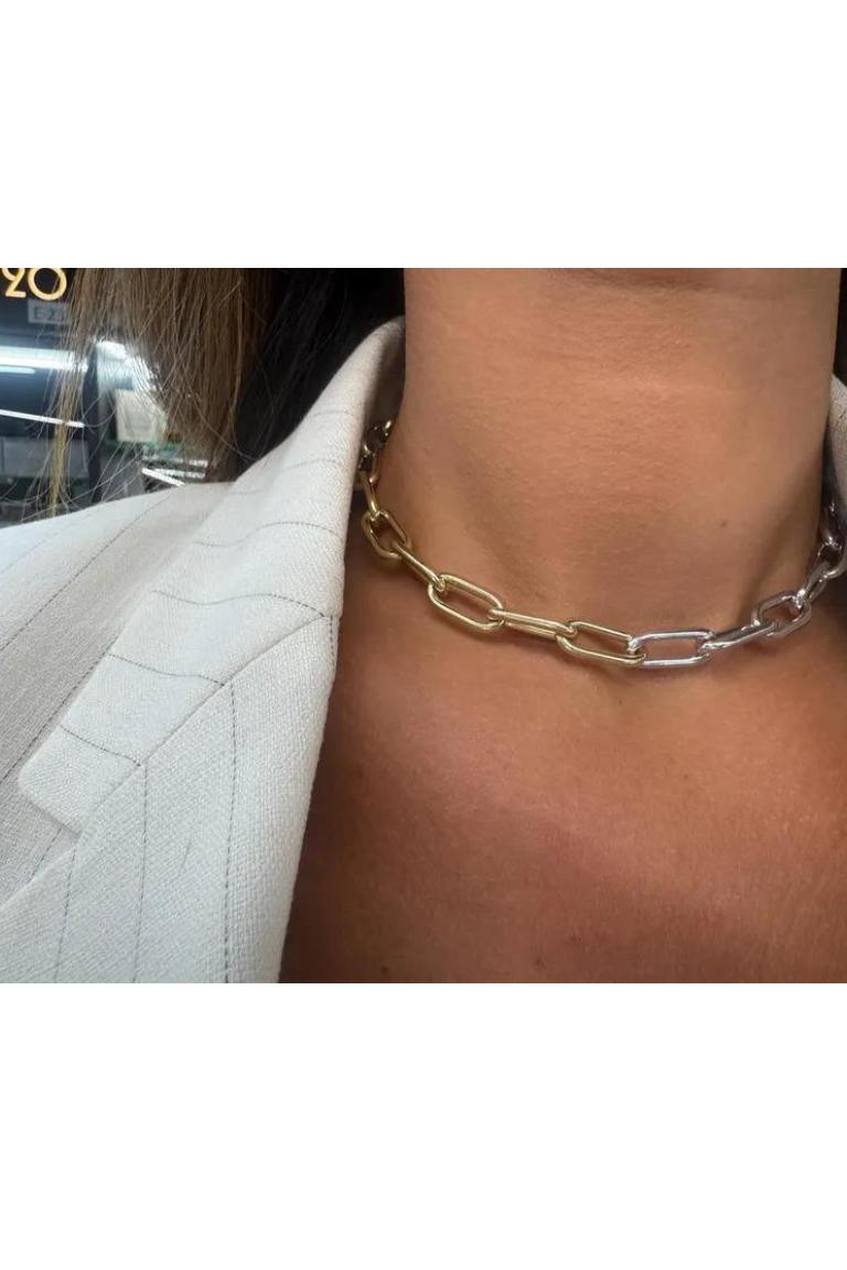 Collier en or jaune et blanc 14 KT avec chaîne à maillons en forme de trombone 17.1 Grammes 16