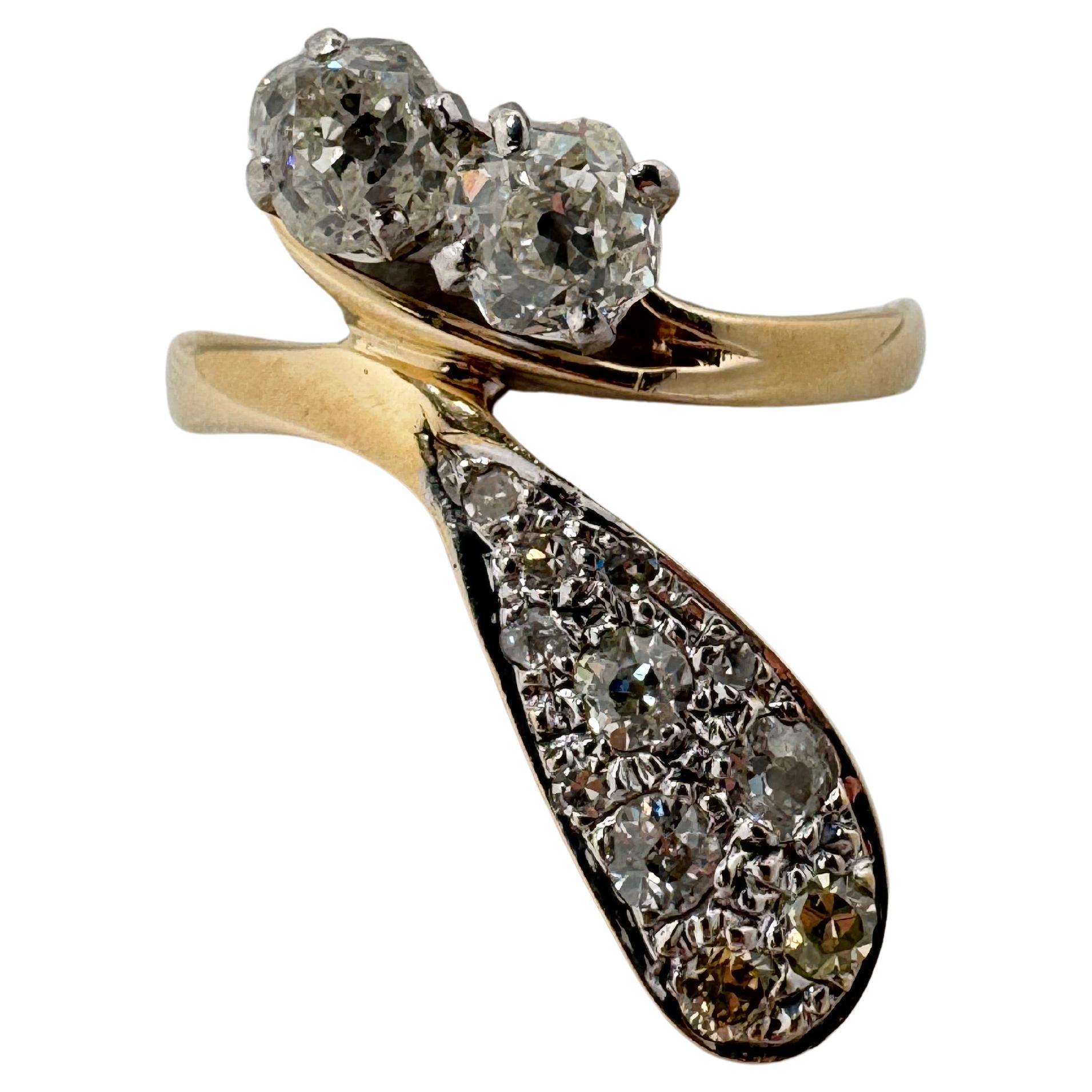 Two-Tone 14K Gold Art Deco Bypassing Diamond Ring, 0.9ctw, Size 9 For Sale