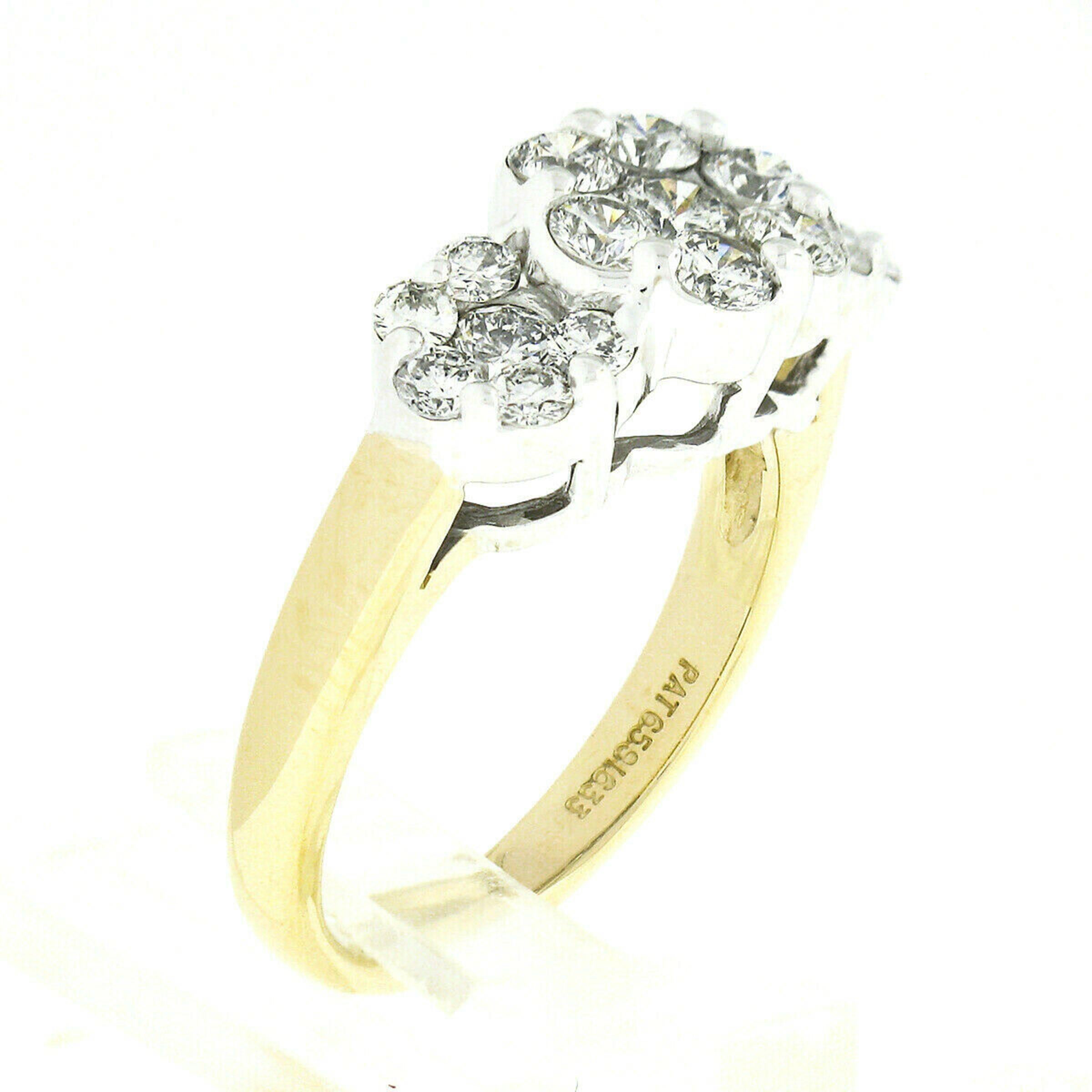 Dreifarbiger 14k Gold 1,35 Karat runder Brillant Diamant 3 Blume Cluster Band Ring Damen
