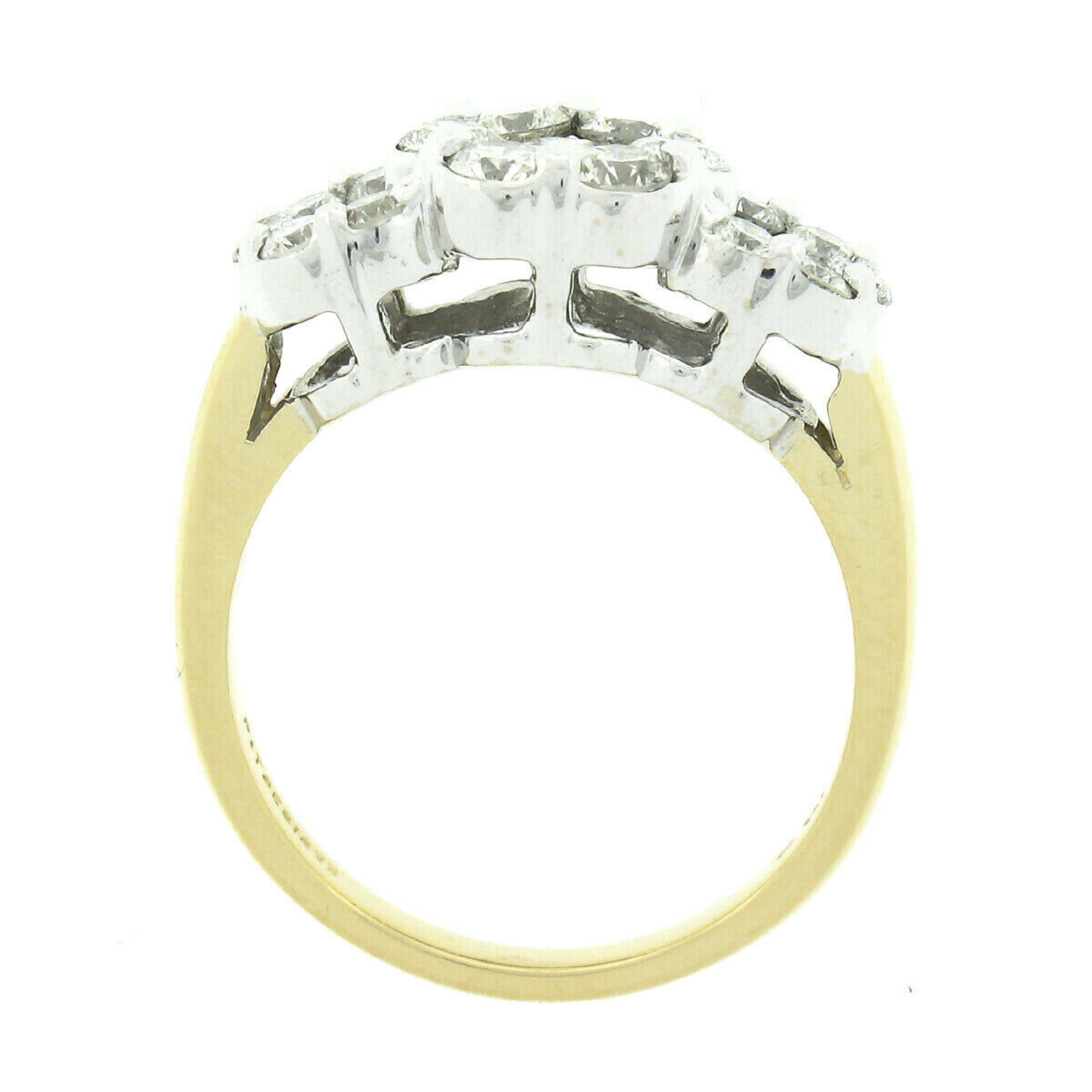 Dreifarbiger 14k Gold 1,35 Karat runder Brillant Diamant 3 Blume Cluster Band Ring 1