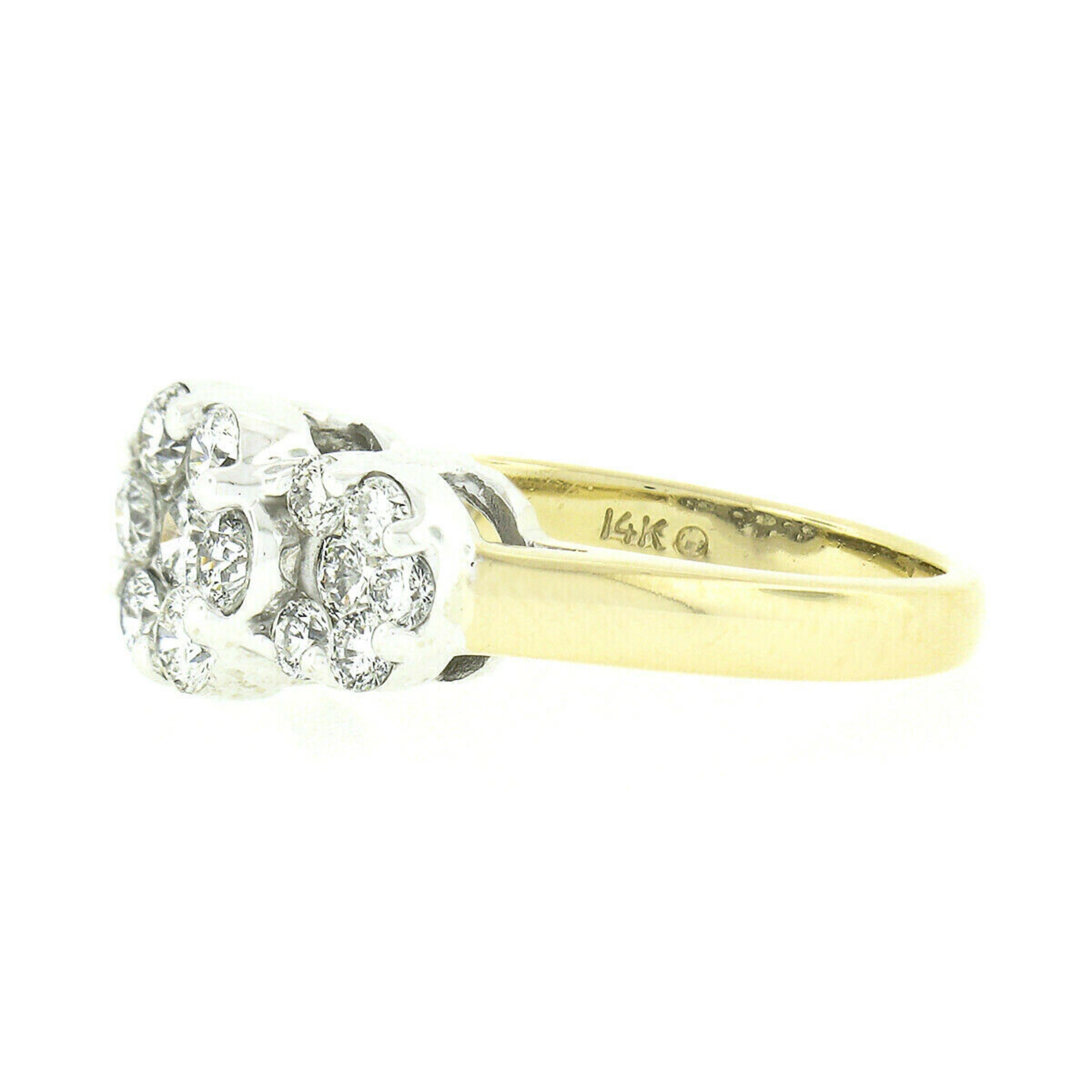 Dreifarbiger 14k Gold 1,35 Karat runder Brillant Diamant 3 Blume Cluster Band Ring 2