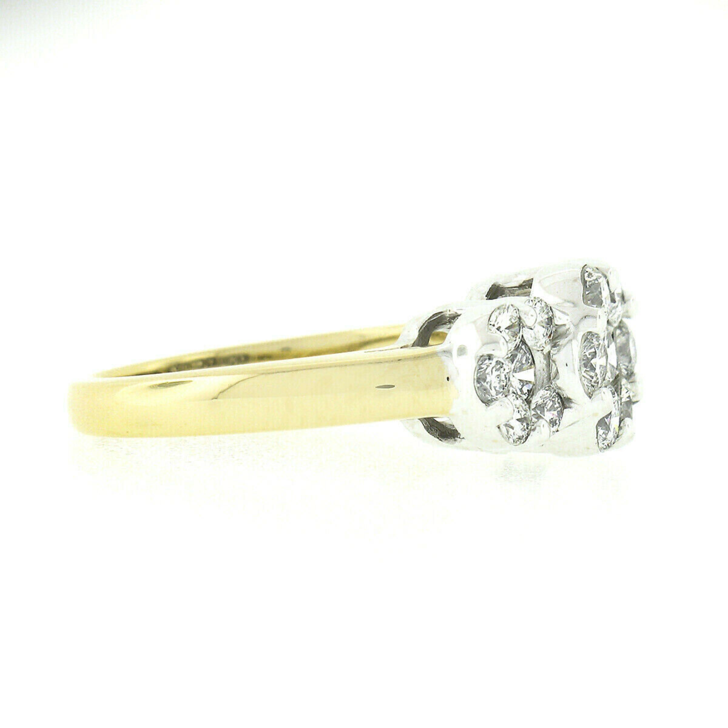 Dreifarbiger 14k Gold 1,35 Karat runder Brillant Diamant 3 Blume Cluster Band Ring 3