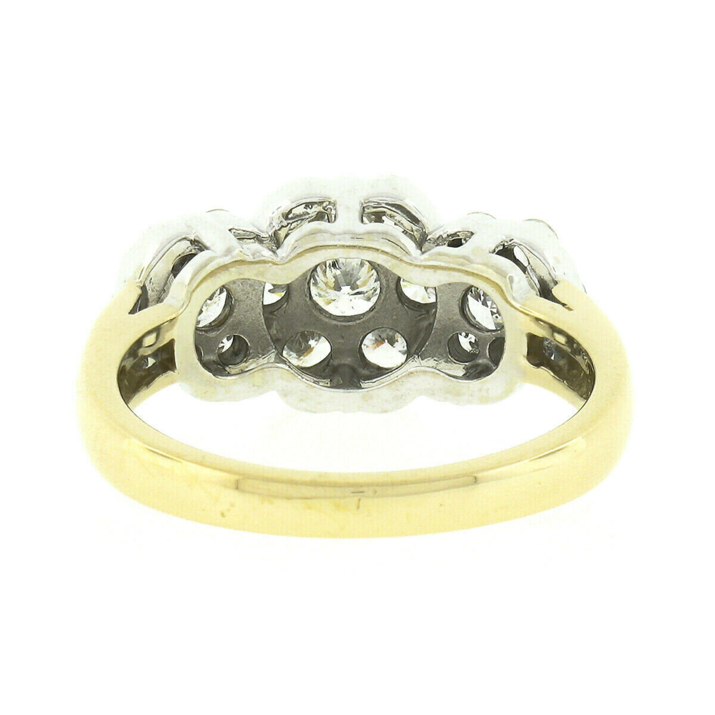 Dreifarbiger 14k Gold 1,35 Karat runder Brillant Diamant 3 Blume Cluster Band Ring 4