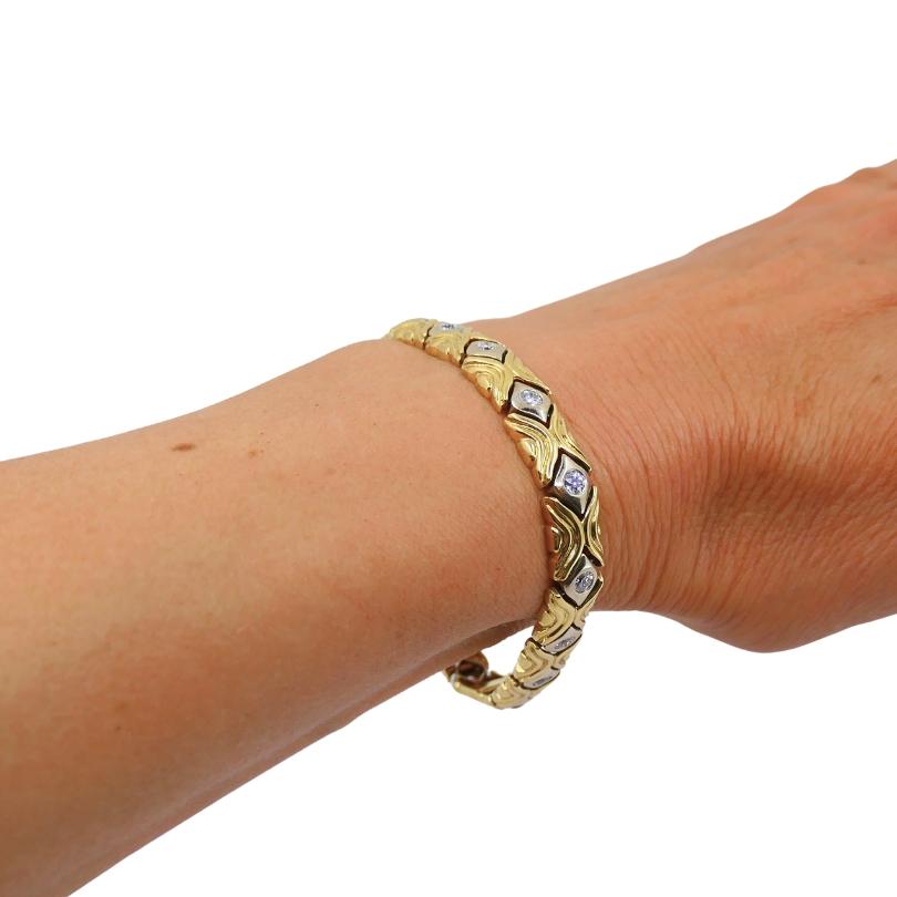 Taille ronde Bracelet à maillons en or 14k à deux tons et diamants Bijoux Vintage en vente