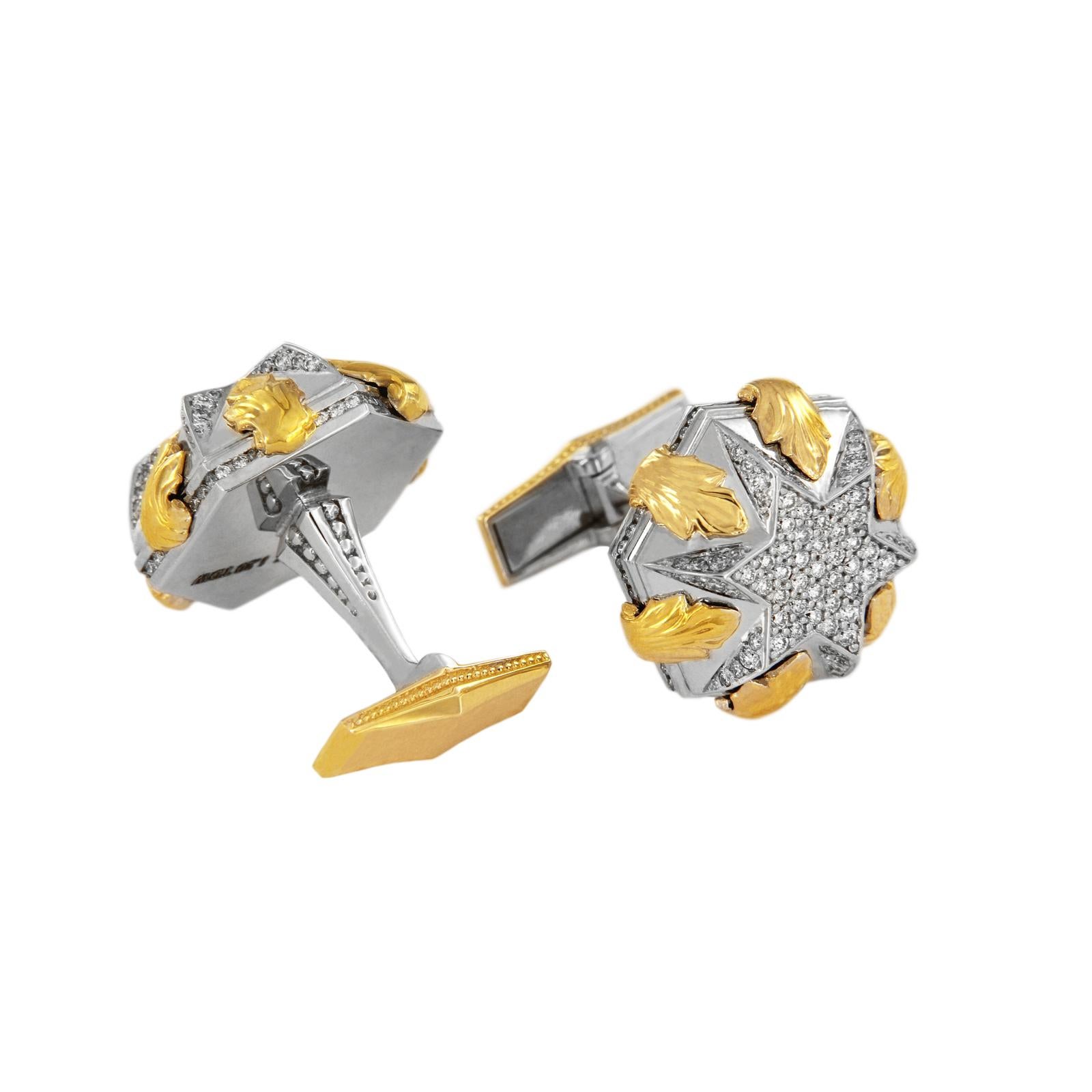 Zweifarbige 14k Gold Herren Manschettenknöpfe mit Diamanten (Rundschliff) im Angebot