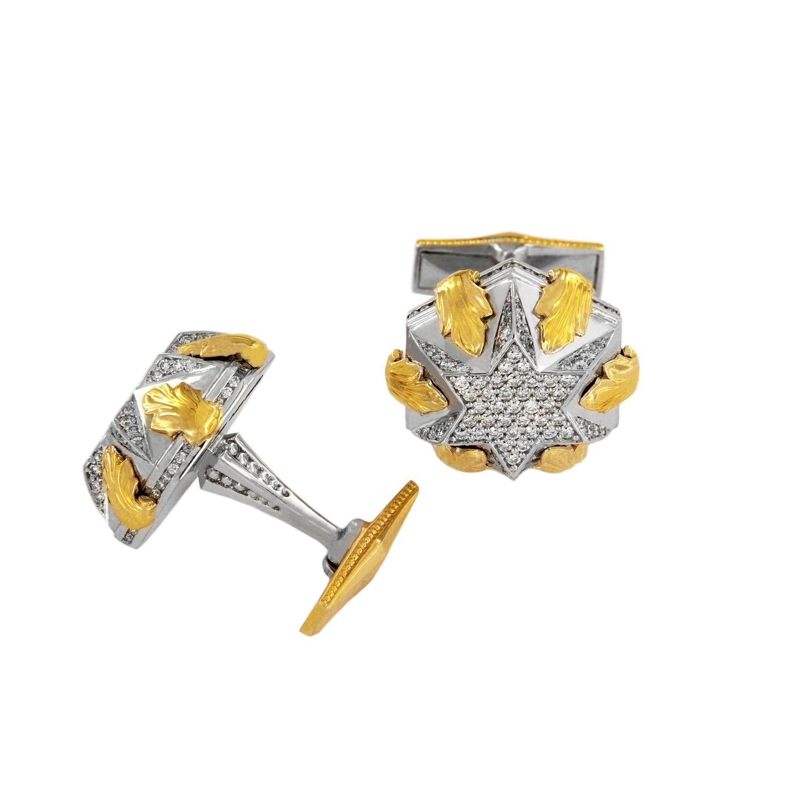 Zweifarbige 14k Gold Herren Manschettenknöpfe mit Diamanten im Angebot 1