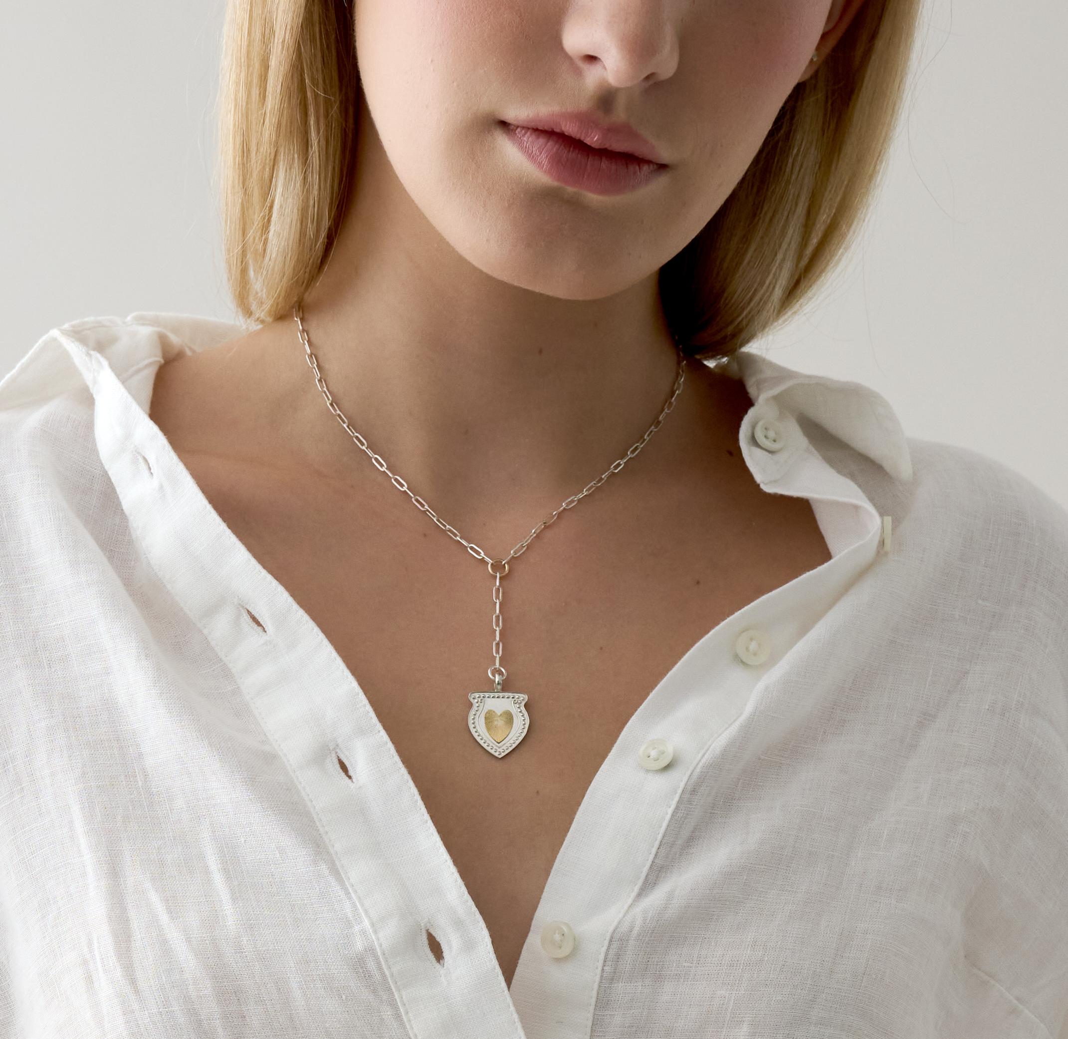 Contemporary Two Tone 14K Gold & Sterling Silver Heart Shield Y Necklace For Sale