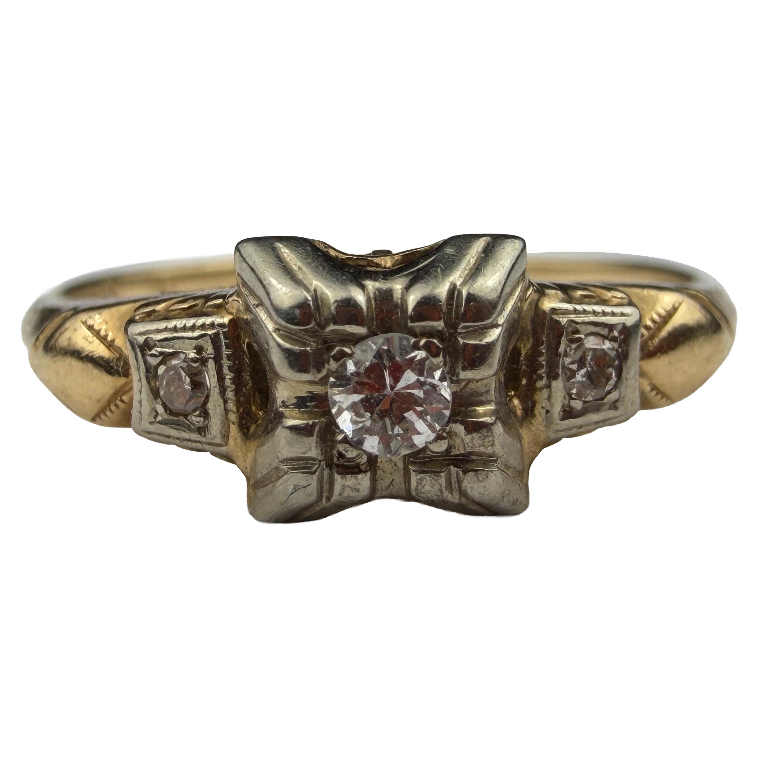 Two-Tone 14K White 
Yellow Gold Three-Stone Diamond Ring For Sale