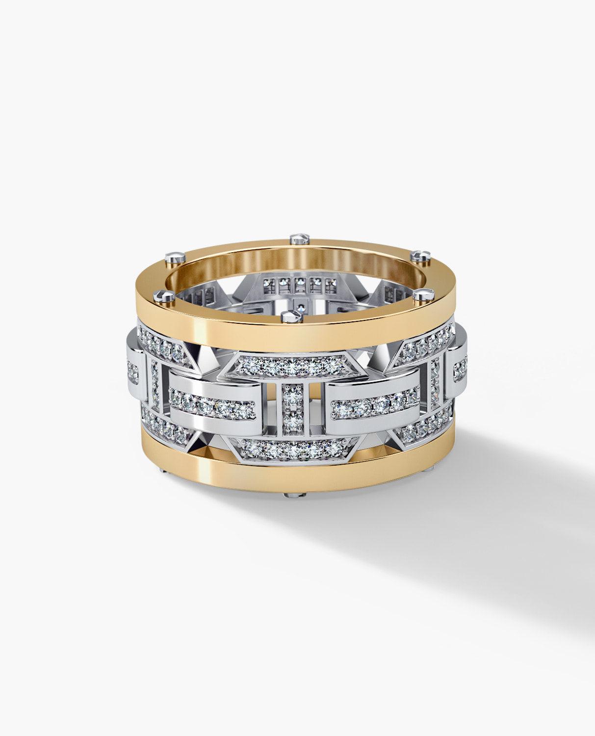 Contemporary Two-Tone 14k Yellow & White Gold Ring with 1.00ct Diamonds - Wide Version For Sale