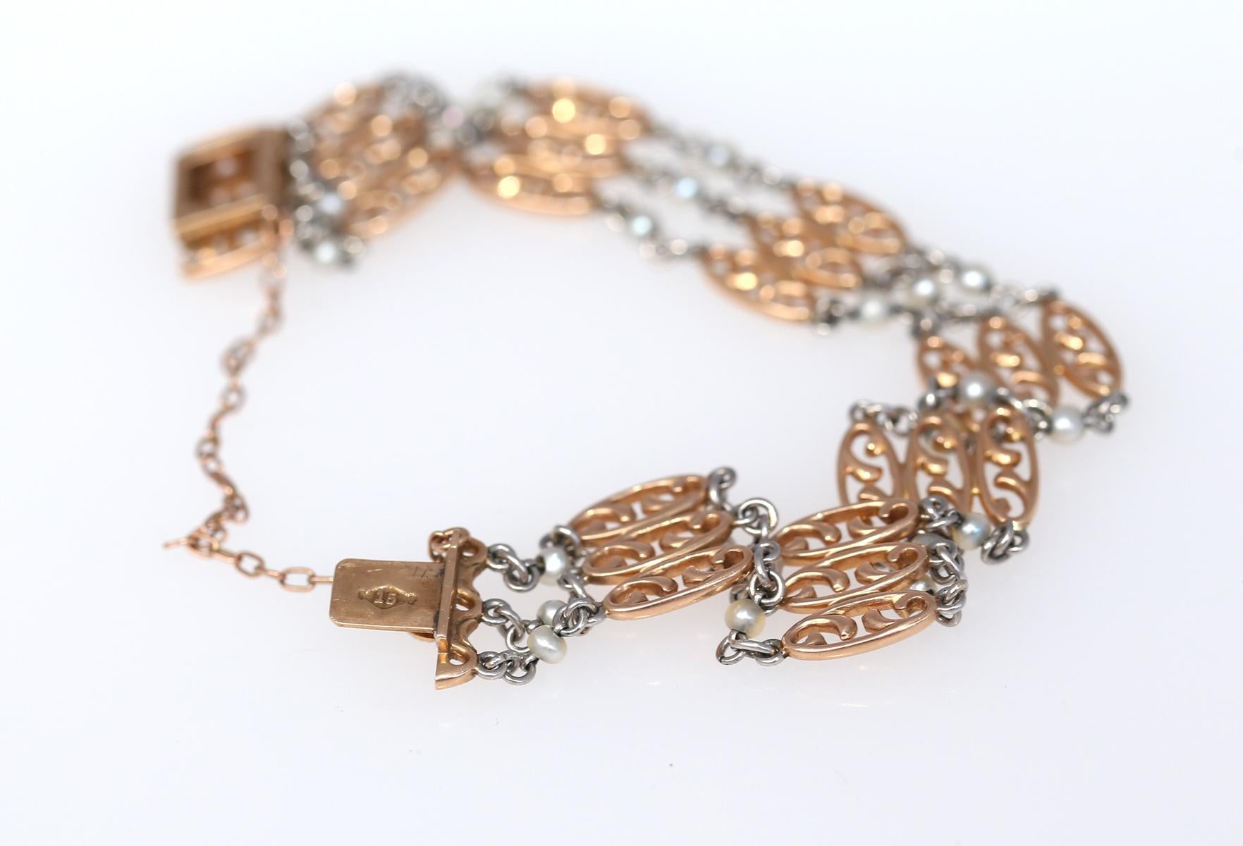 Women's or Men's Two Tone 15k Gold Chain Pearl Beads Bracelet, 1930