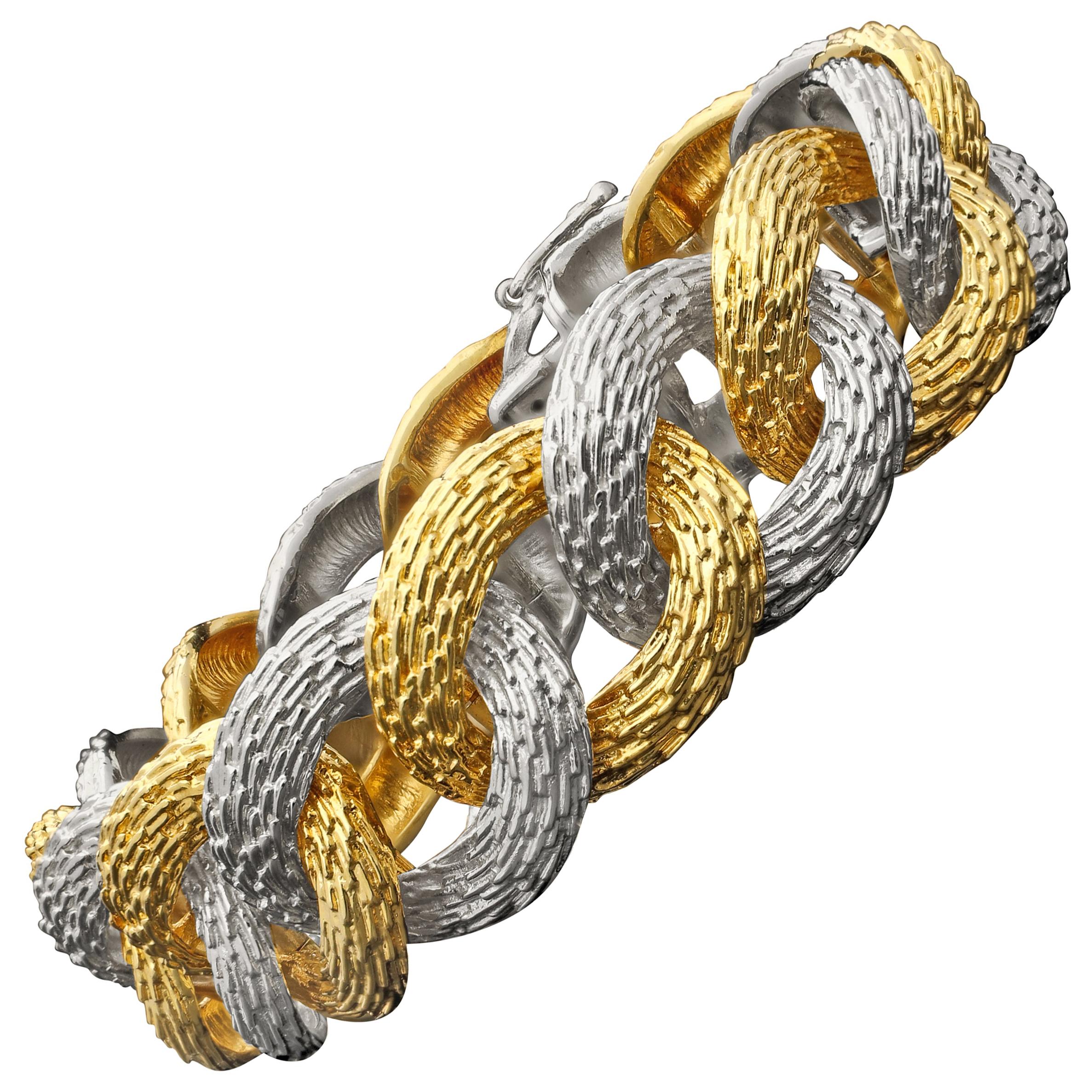 Two-Tone 18 Carat and White Gold Textured Link Bracelet, French, circa 1970s