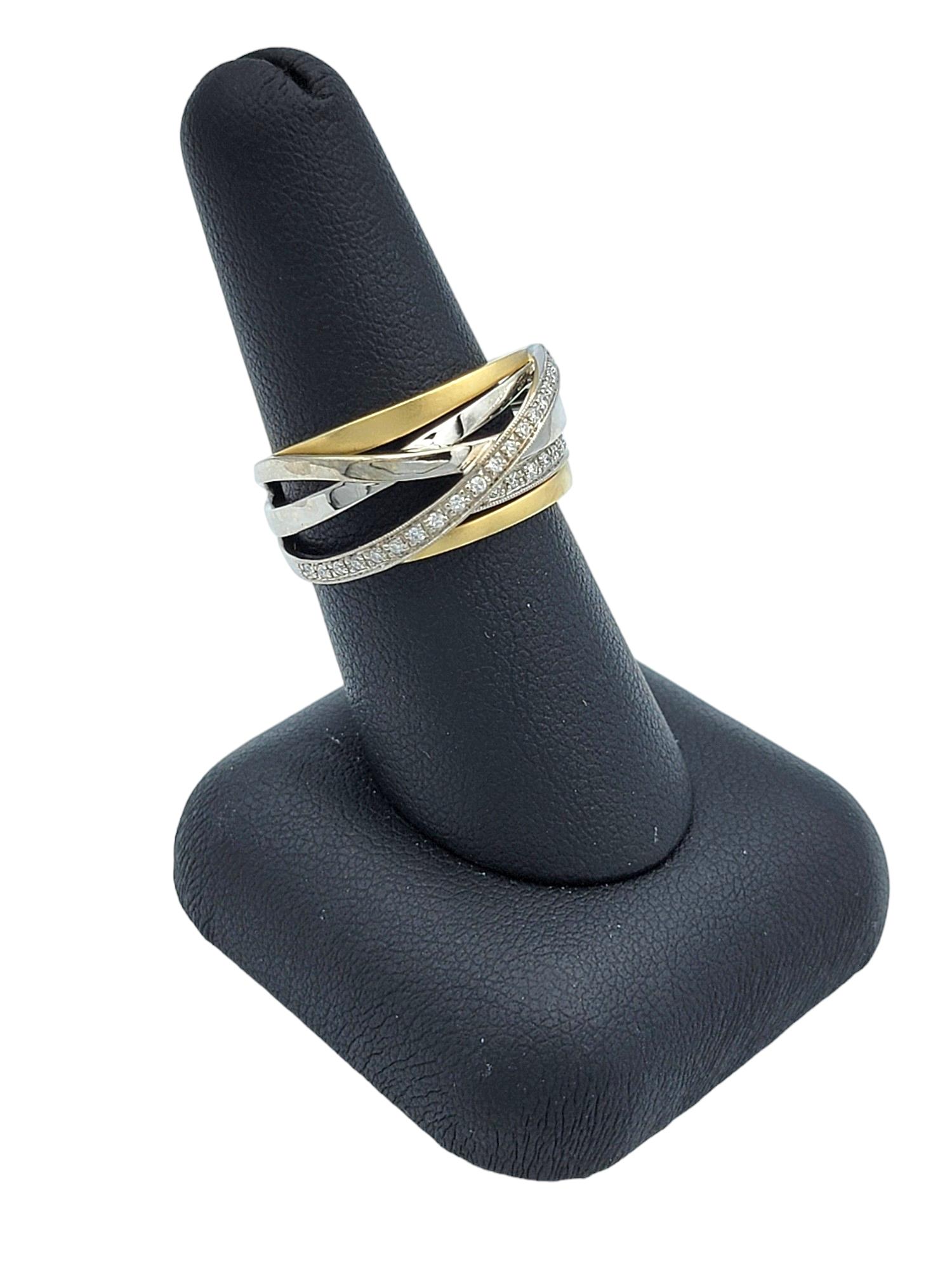 Two Tone 18 Karat Gold Criss-Cross Multi Row Band Ring with Diamonds For Sale 5