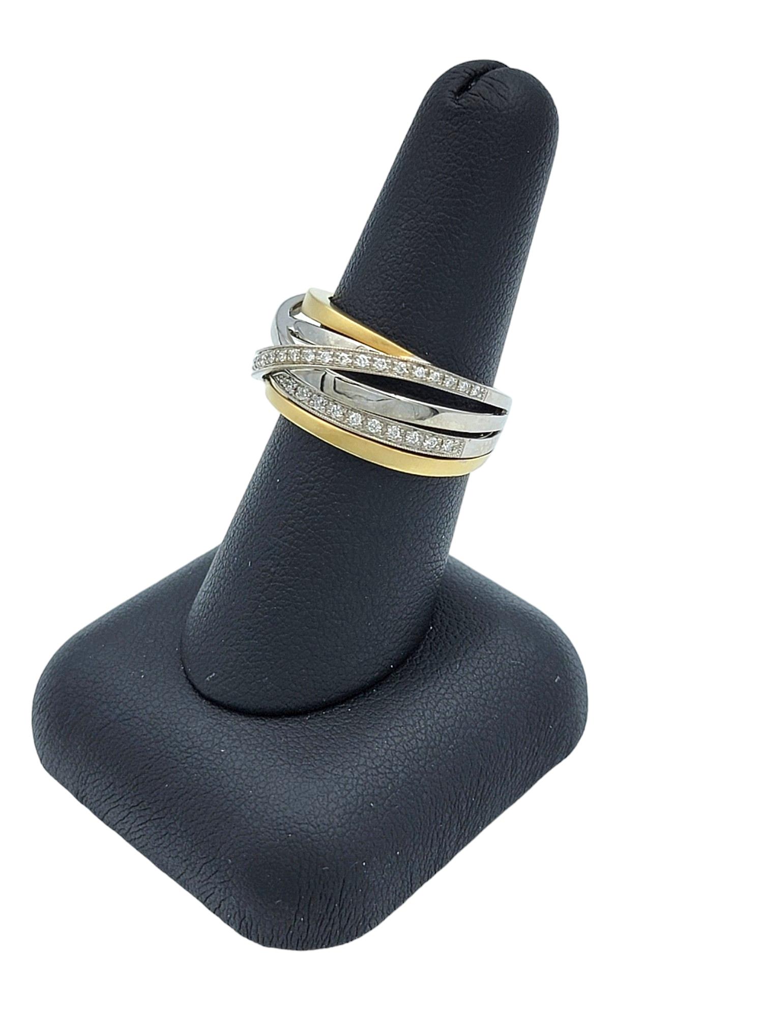Two Tone 18 Karat Gold Criss-Cross Multi Row Band Ring with Diamonds For Sale 6