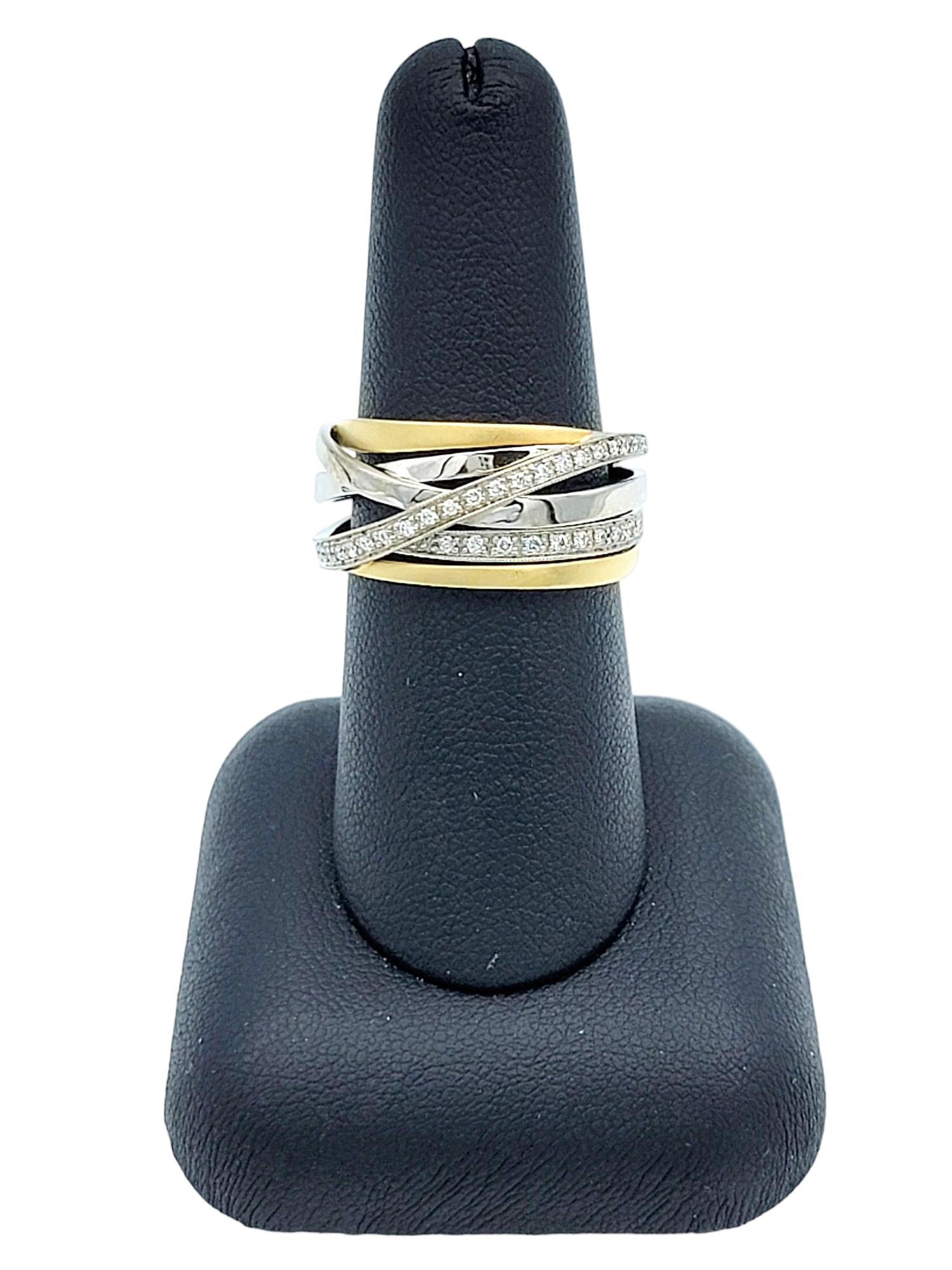 Two Tone 18 Karat Gold Criss-Cross Multi Row Band Ring with Diamonds For Sale 7
