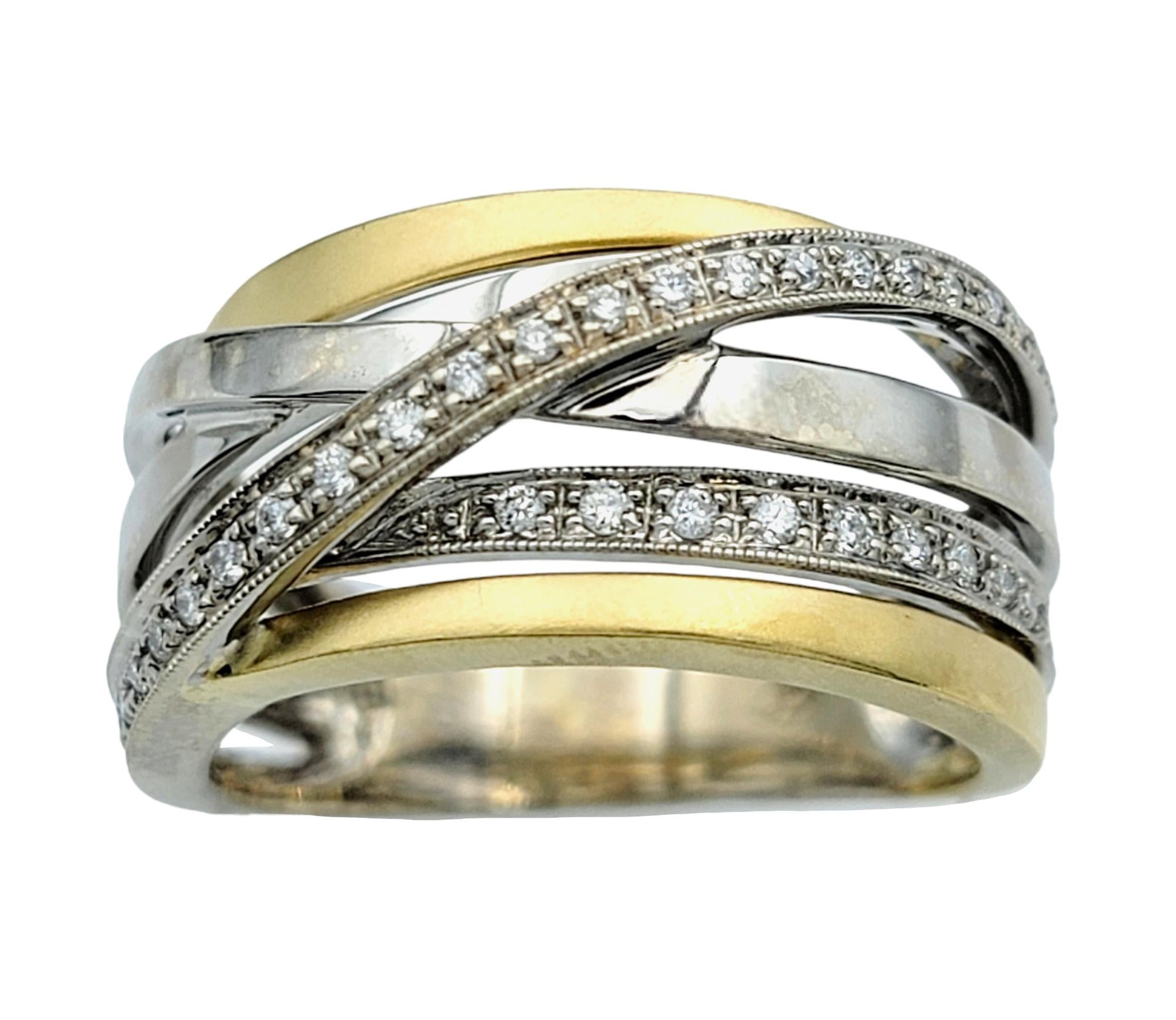 Contemporary Two Tone 18 Karat Gold Criss-Cross Multi Row Band Ring with Diamonds For Sale
