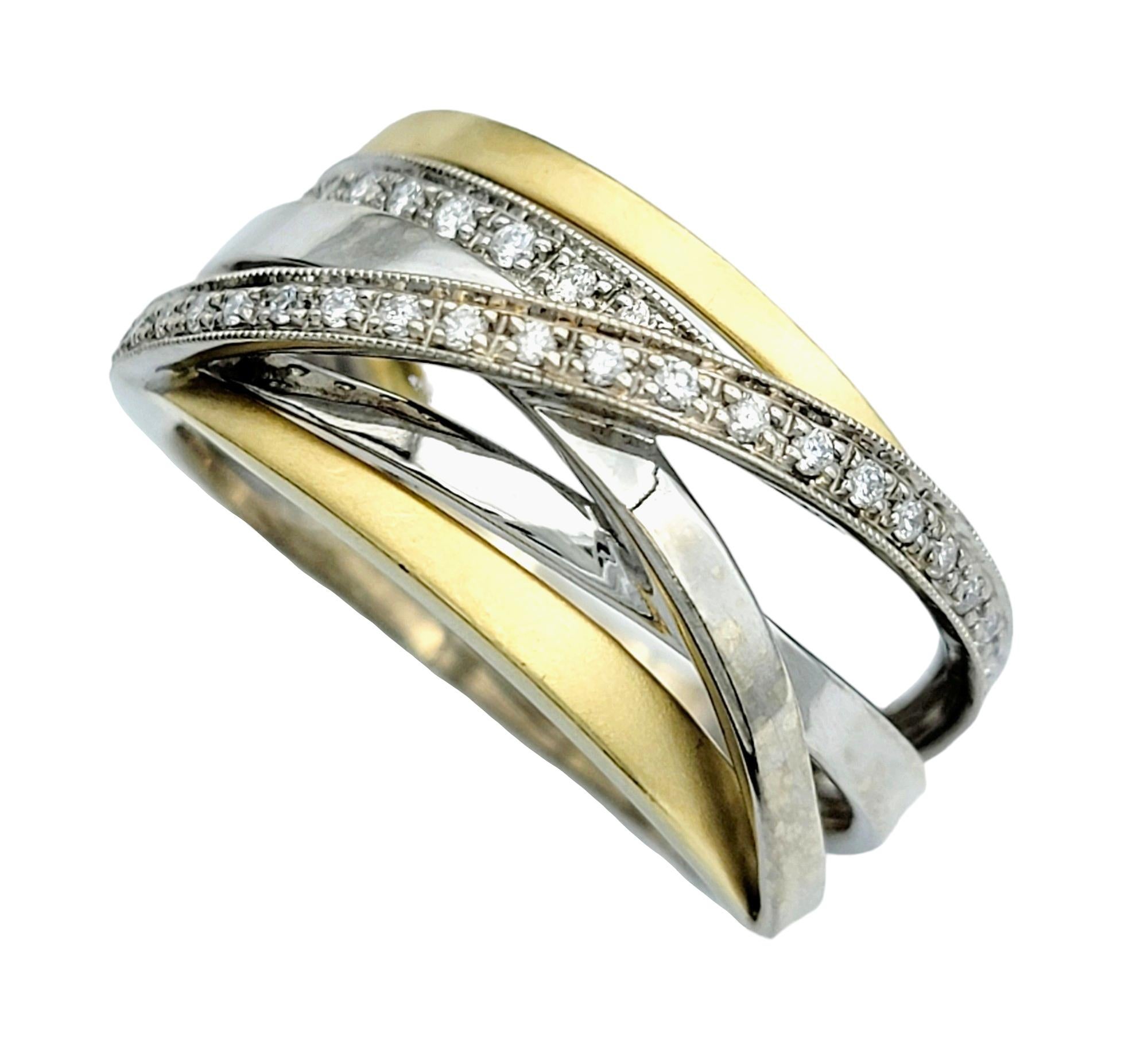 Round Cut Two Tone 18 Karat Gold Criss-Cross Multi Row Band Ring with Diamonds For Sale