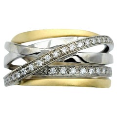 Two Tone 18 Karat Gold Criss-Cross Multi Row Band Ring with Diamonds