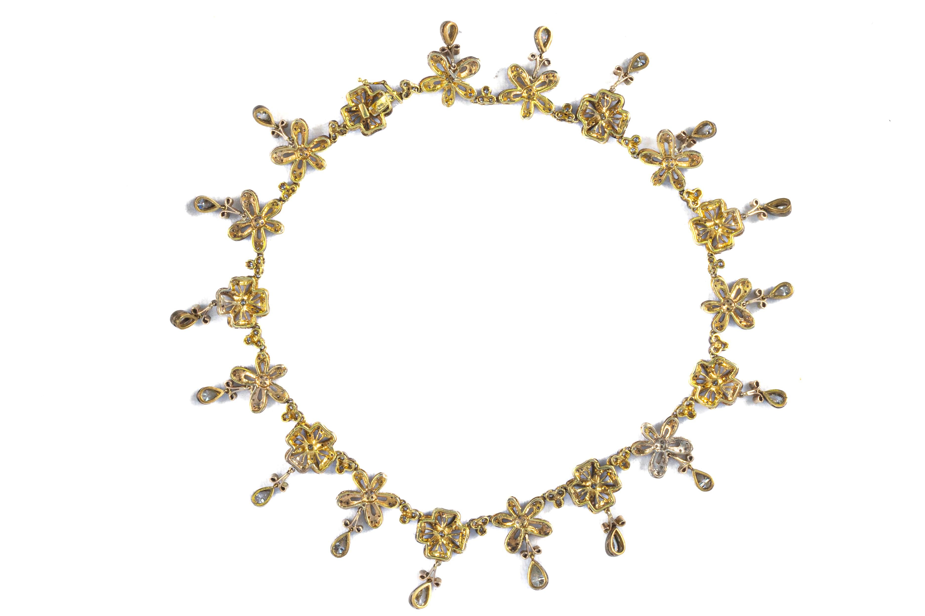 Pear Cut Two-Tone 18 Karat Gold Diamond Floral Necklace For Sale