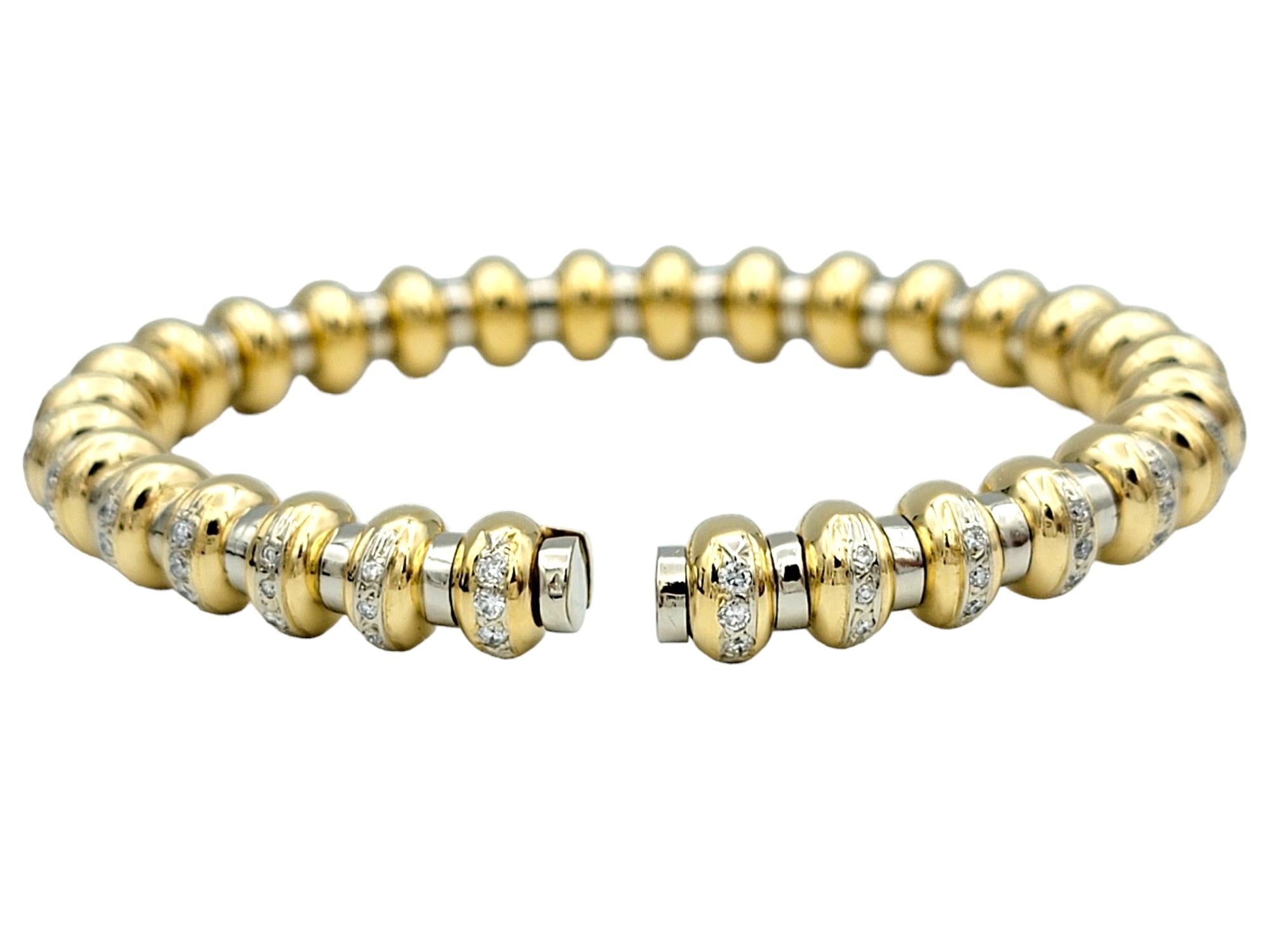 Contemporary Two-Tone 18 Karat Gold Flexible Ridged Cuff Bracelet with Pavé Diamonds  For Sale