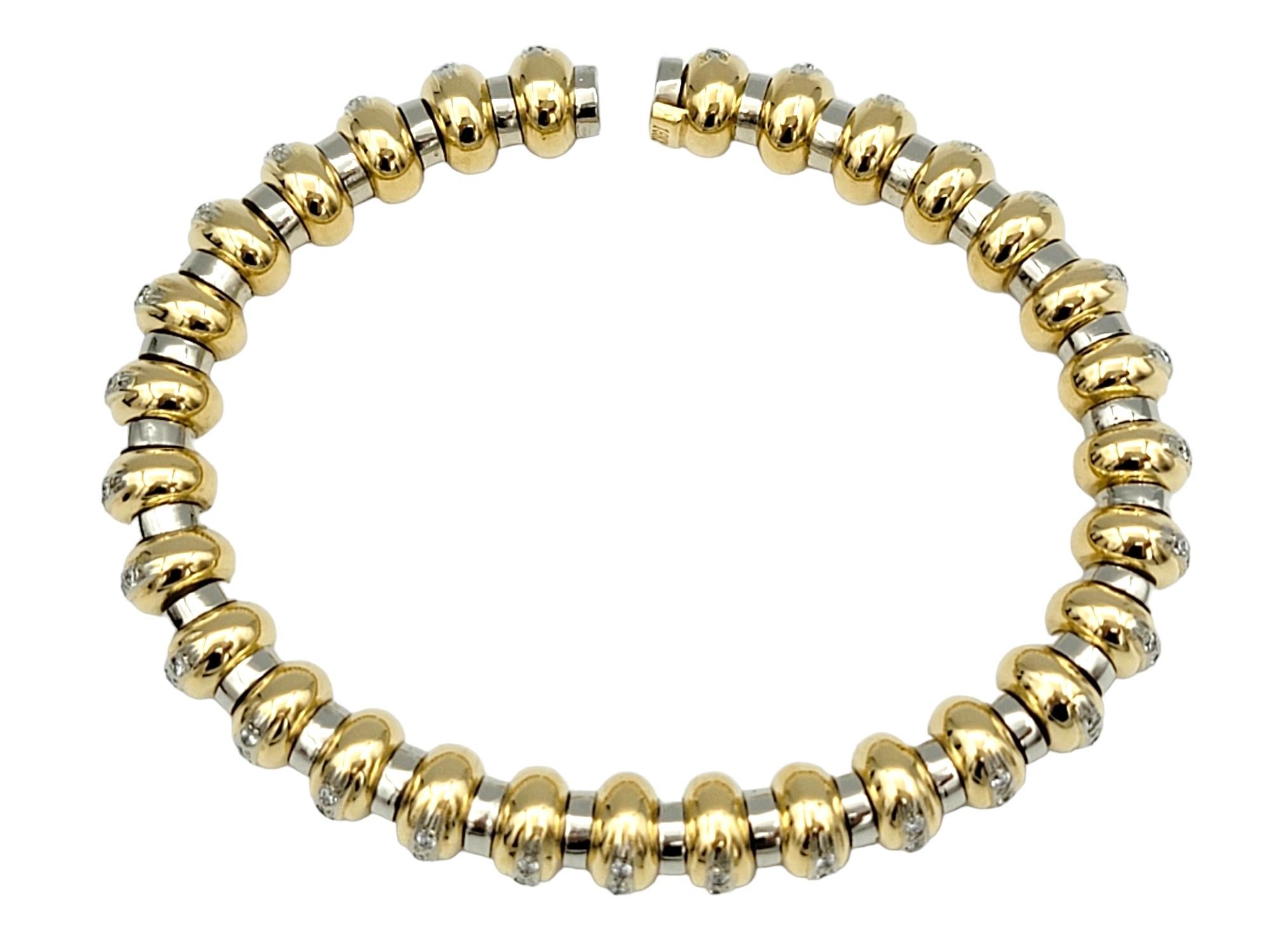 Round Cut Two-Tone 18 Karat Gold Flexible Ridged Cuff Bracelet with Pavé Diamonds  For Sale
