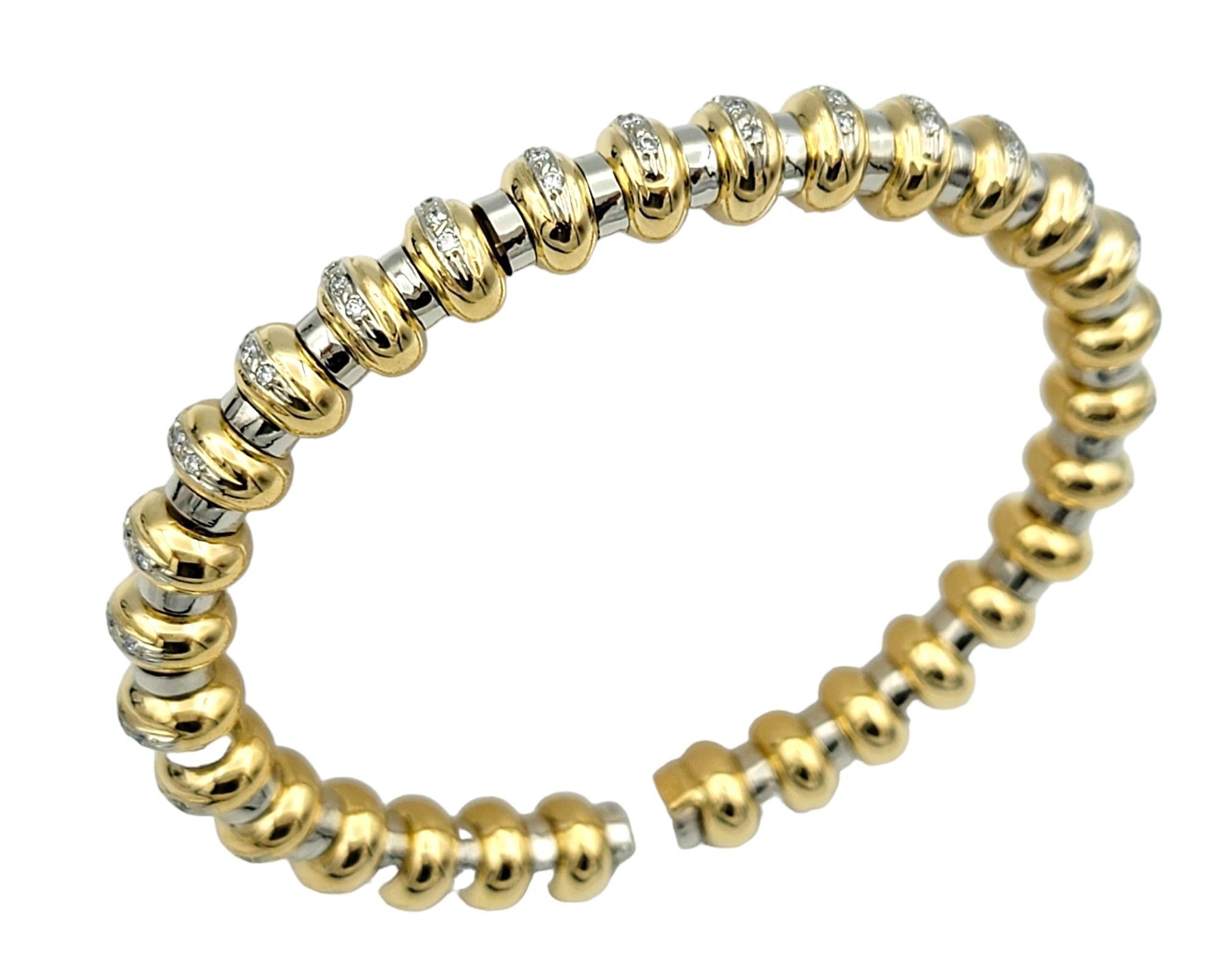 Two-Tone 18 Karat Gold Flexible Ridged Cuff Bracelet with Pavé Diamonds  In Good Condition For Sale In Scottsdale, AZ
