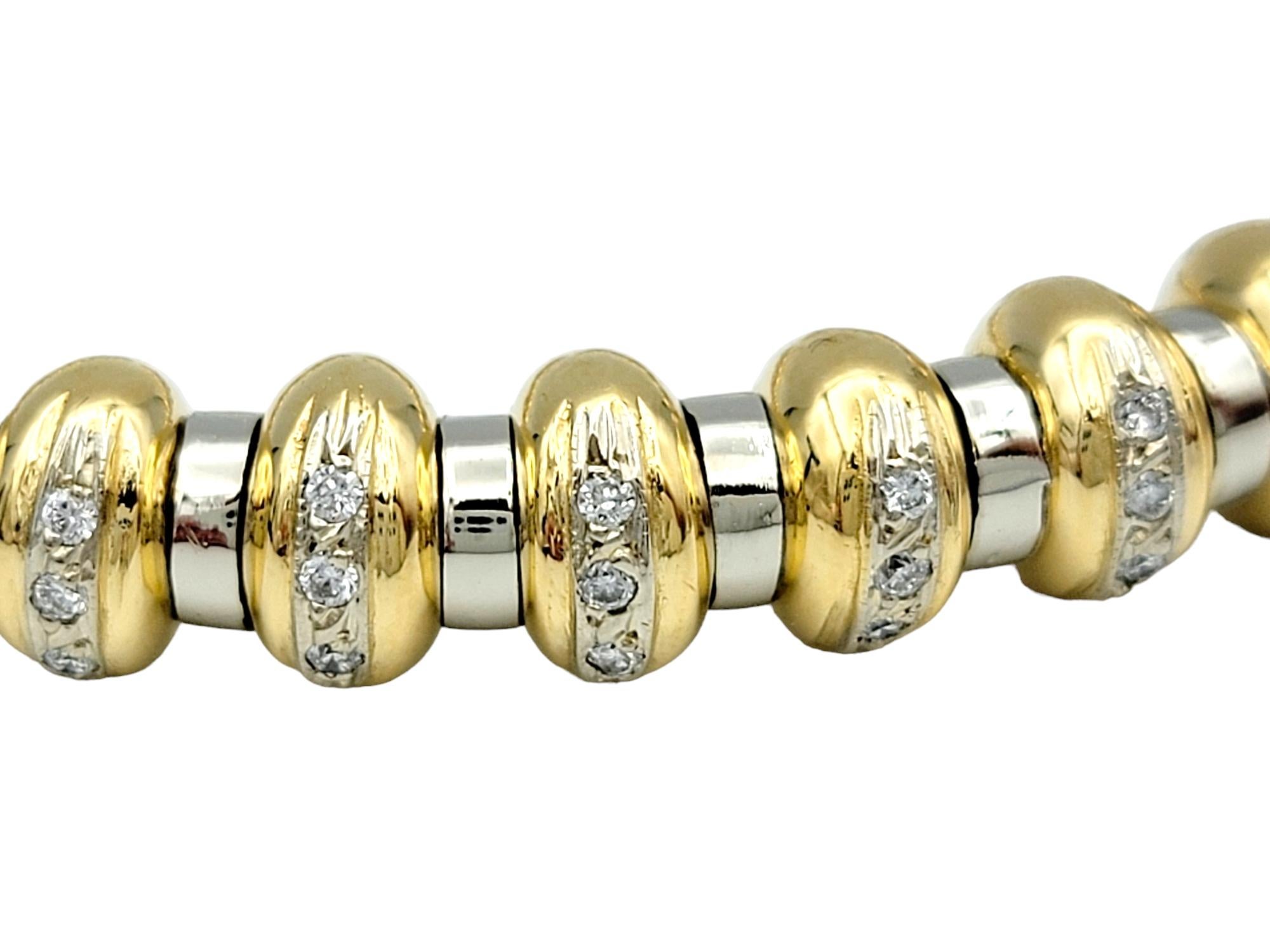 Women's Two-Tone 18 Karat Gold Flexible Ridged Cuff Bracelet with Pavé Diamonds  For Sale