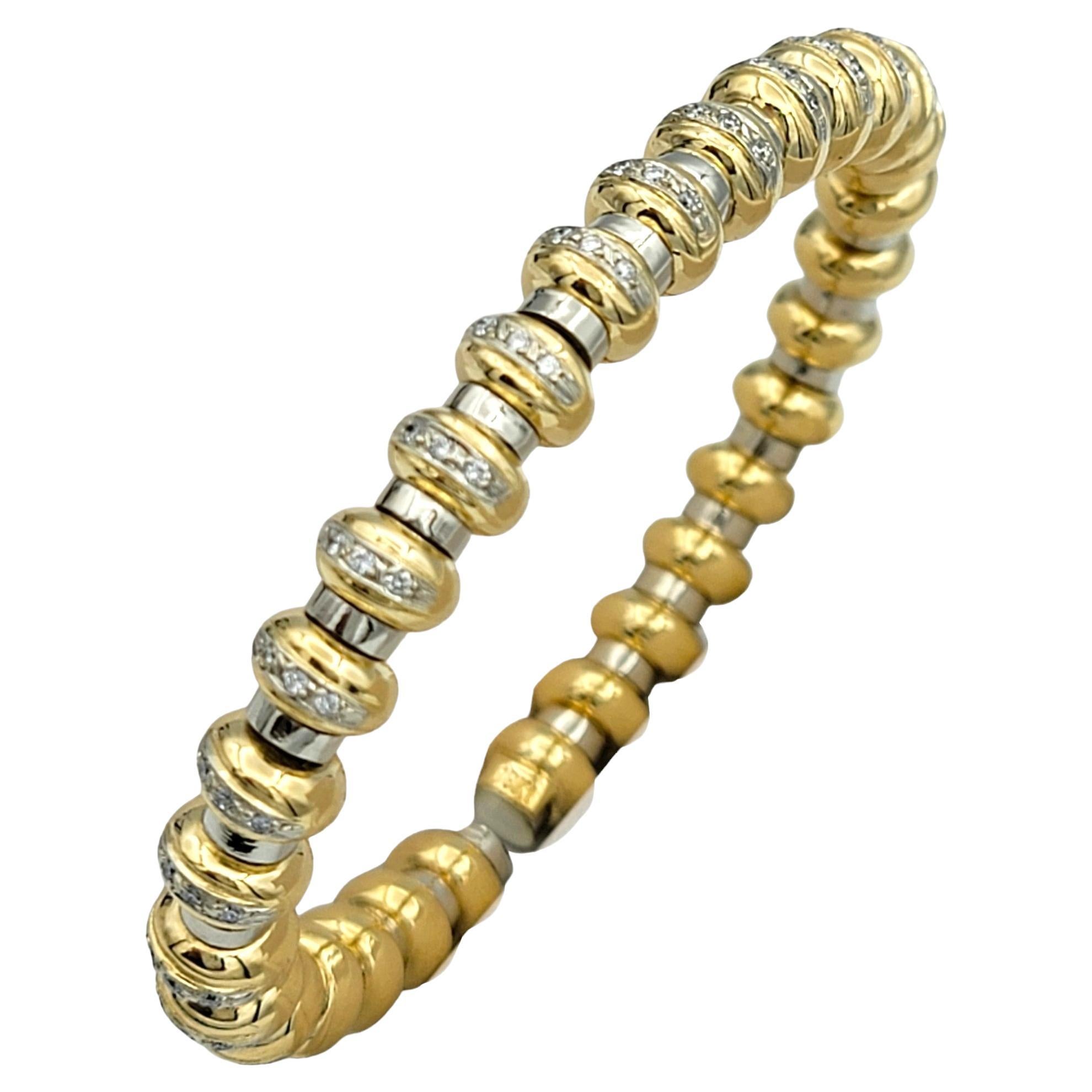 Two-Tone 18 Karat Gold Flexible Ridged Cuff Bracelet with Pavé Diamonds  For Sale